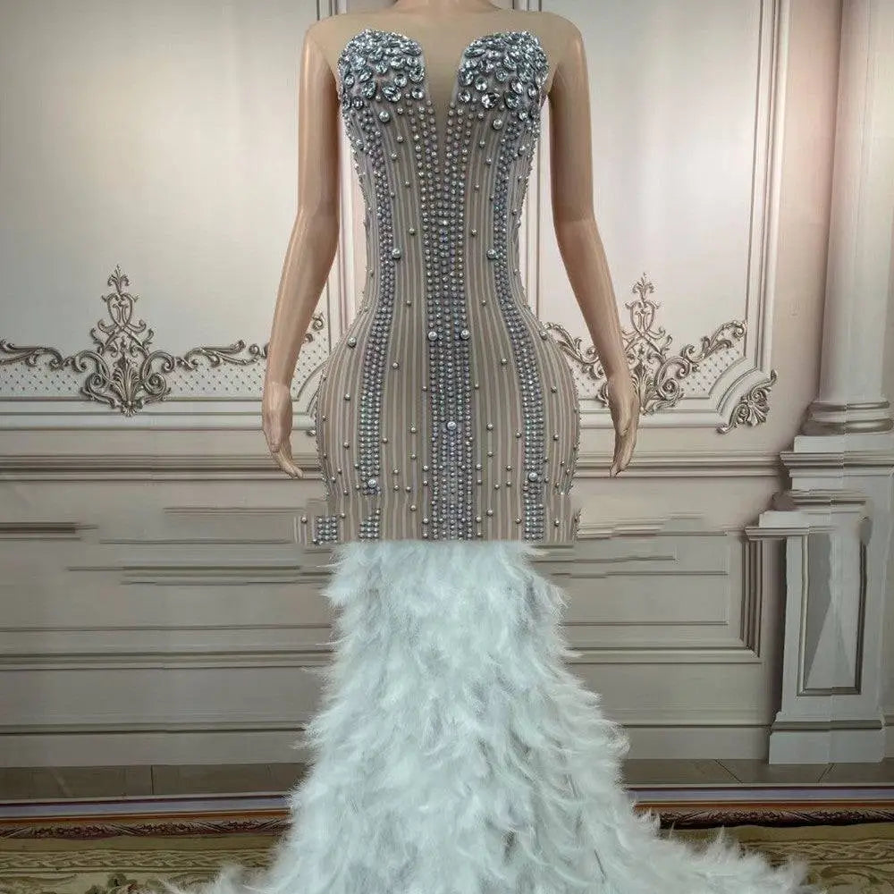 Silver Feathered Hips Nightclub Bar Sleeveless Long Gown