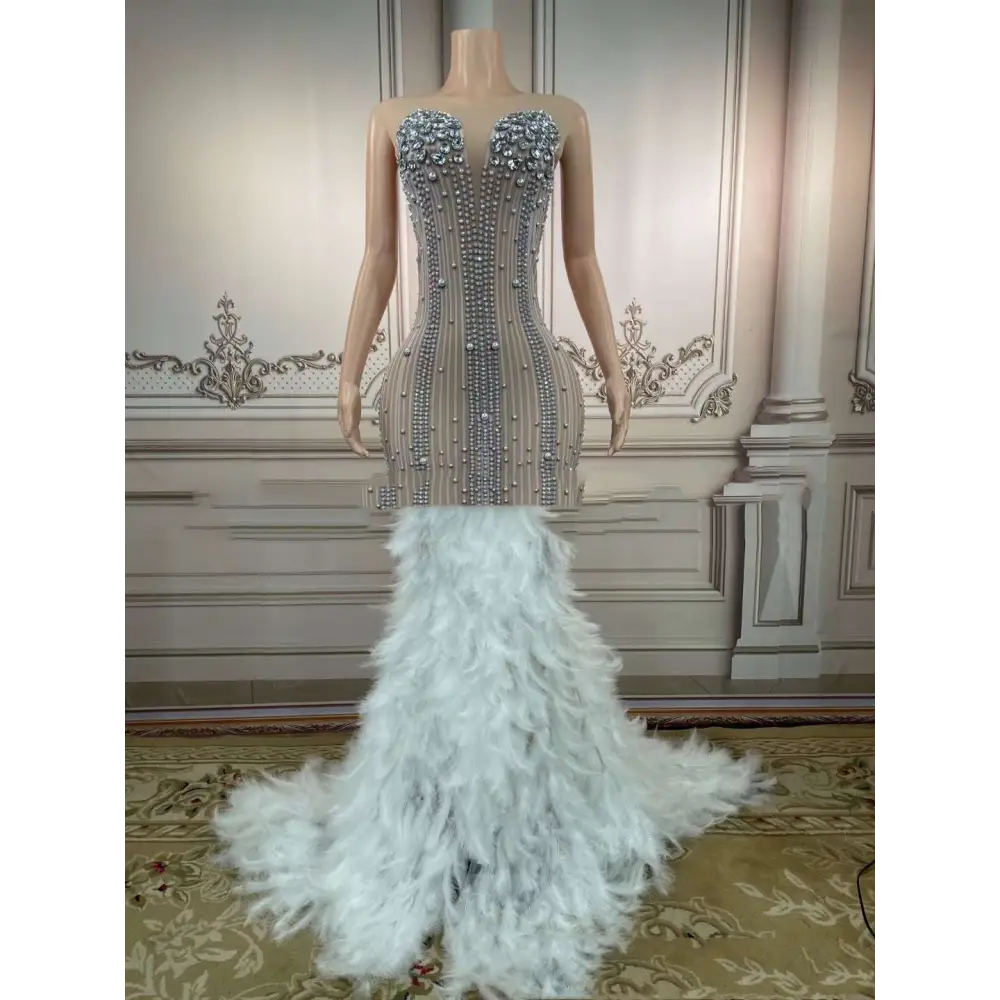 Silver Feathered Hips Nightclub Bar Sleeveless Long Gown