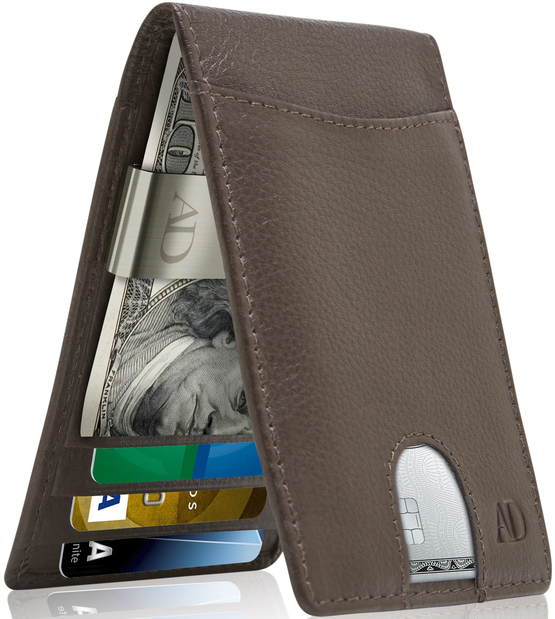 Genuine Leather Slim Money Clip Wallet – 7 Card Slots, RFID Blocking