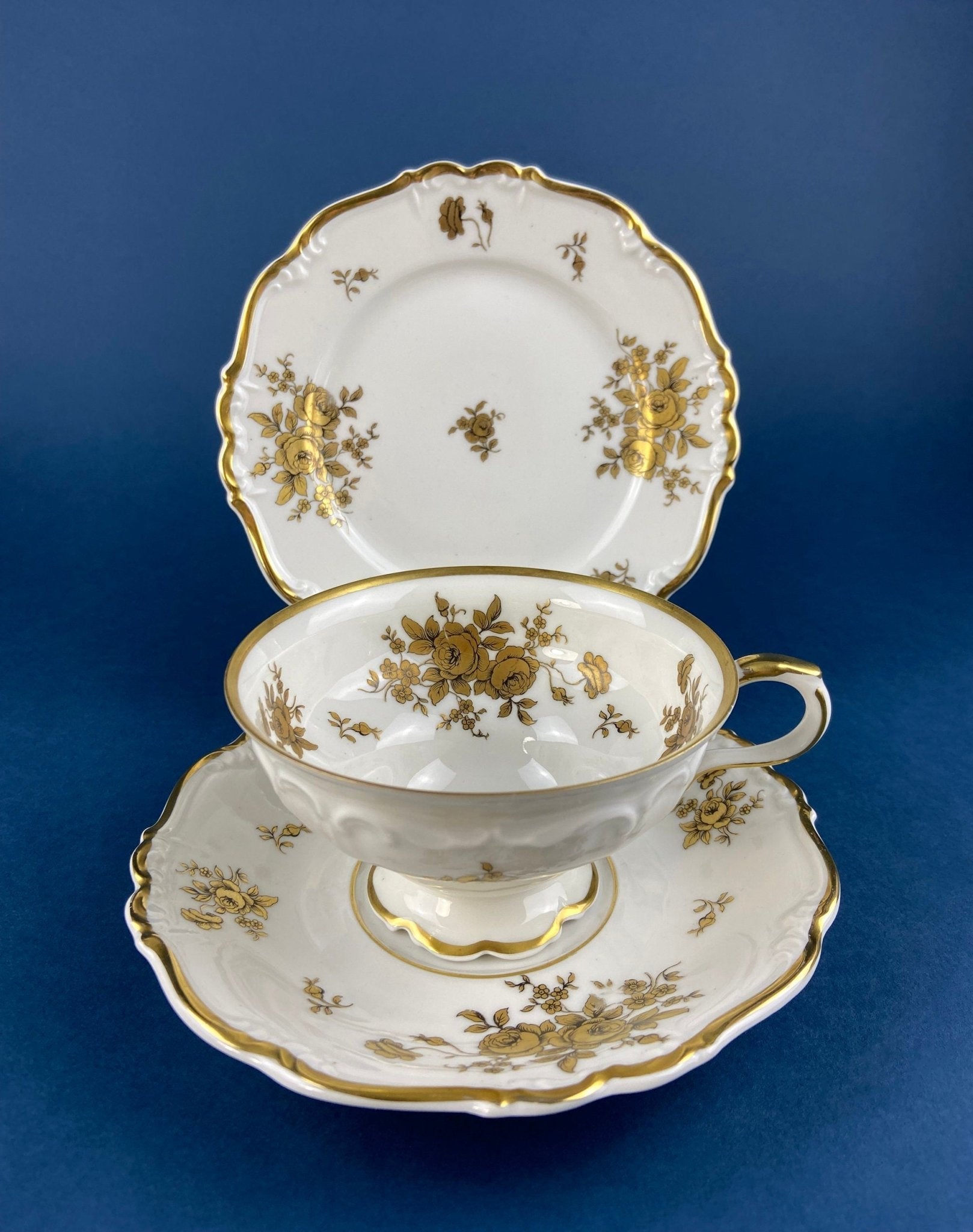 Stunning Antique White and Gold Tea Set Trio. Weimar Porcelain, Katharina Pattern. Hand Painted Floral Gold Trim. Dining Room Decor. - Overture Gifts
