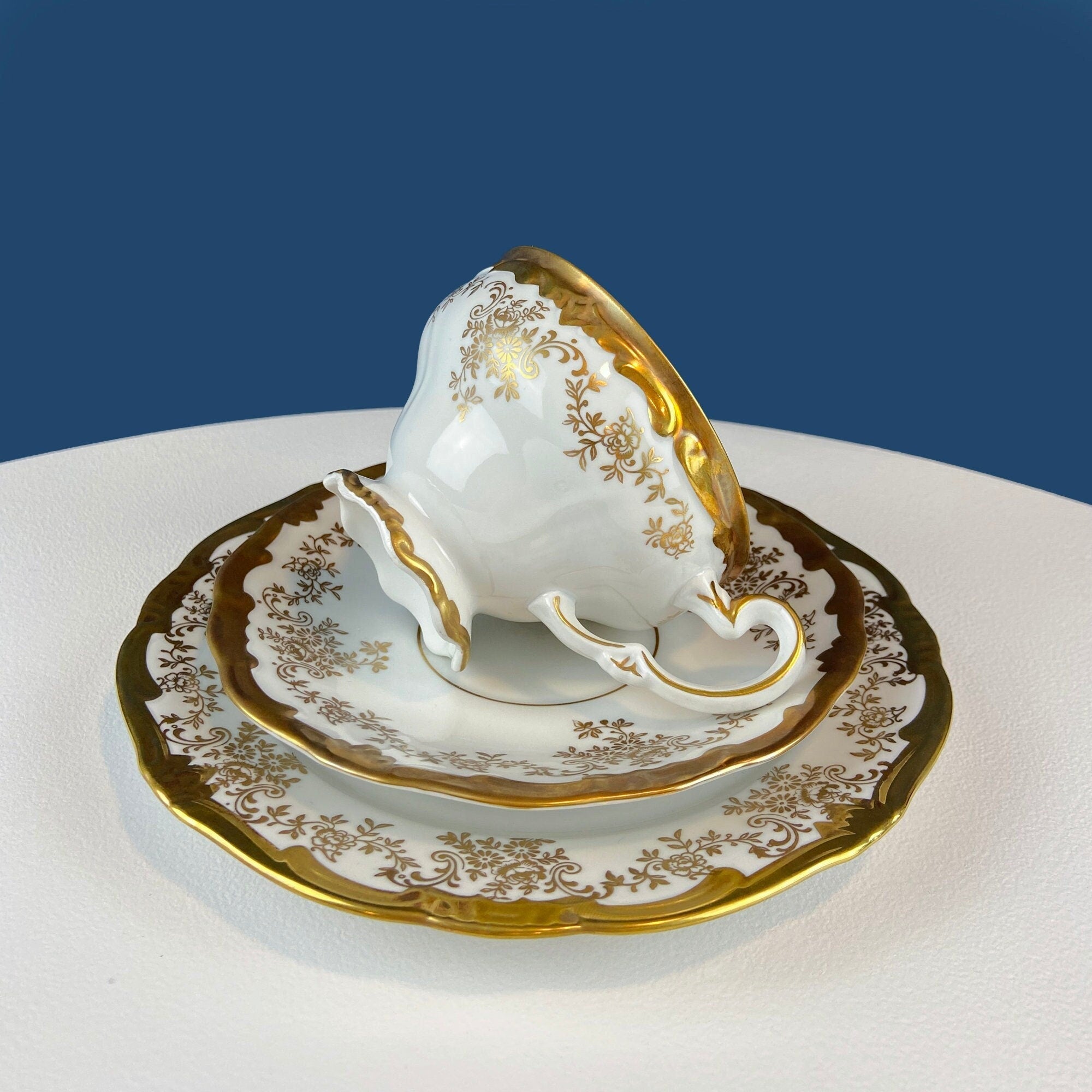 Stunning Antique White and Gold Tea Set Trio. Weimar Porcelain, Katharina Pattern. Hand Painted Floral Gold Trim. Dining Room Decor. - Overture Gifts