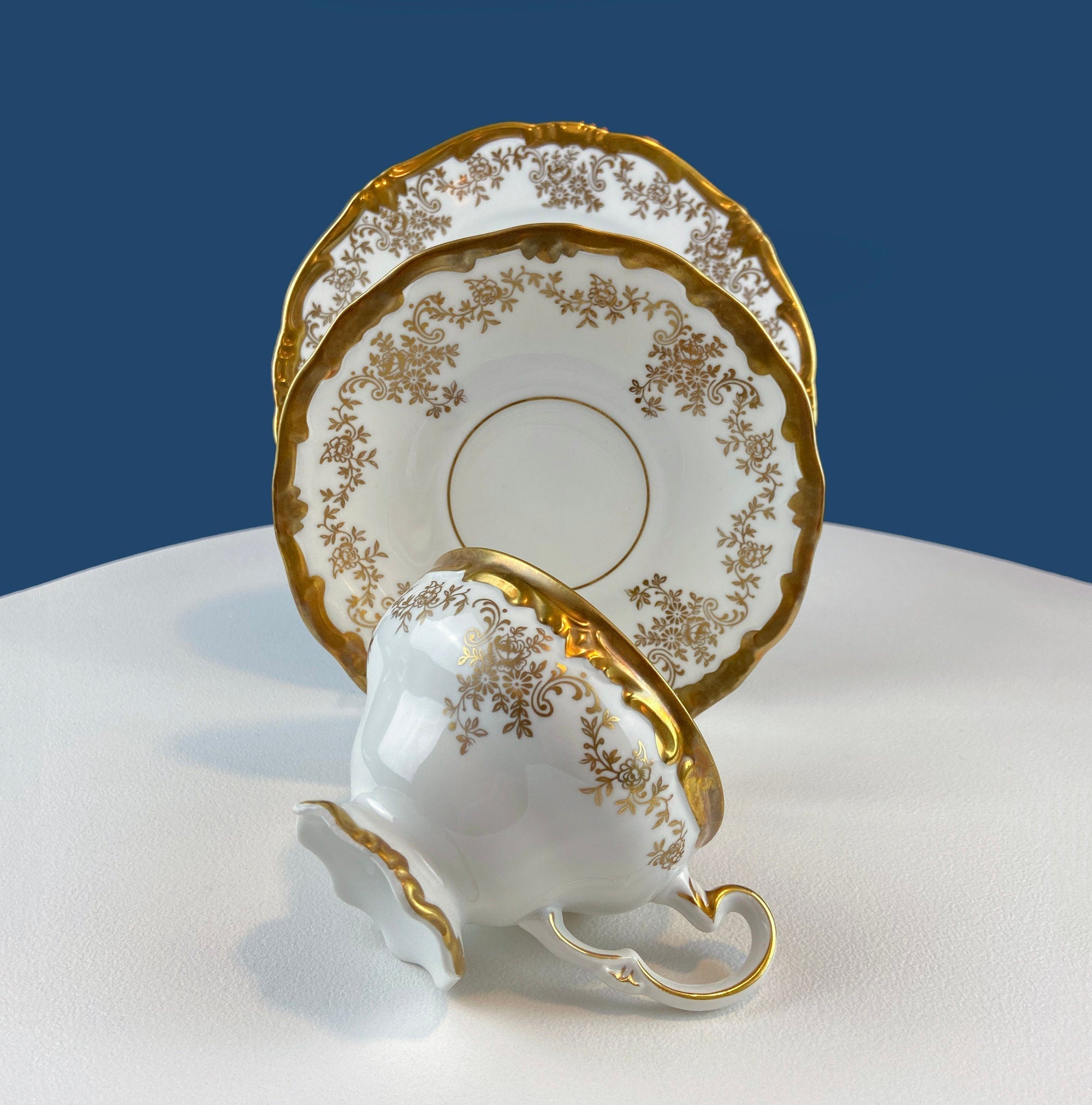Stunning Antique White and Gold Tea Set Trio. Weimar Porcelain, Katharina Pattern. Hand Painted Floral Gold Trim. Dining Room Decor. - Overture Gifts