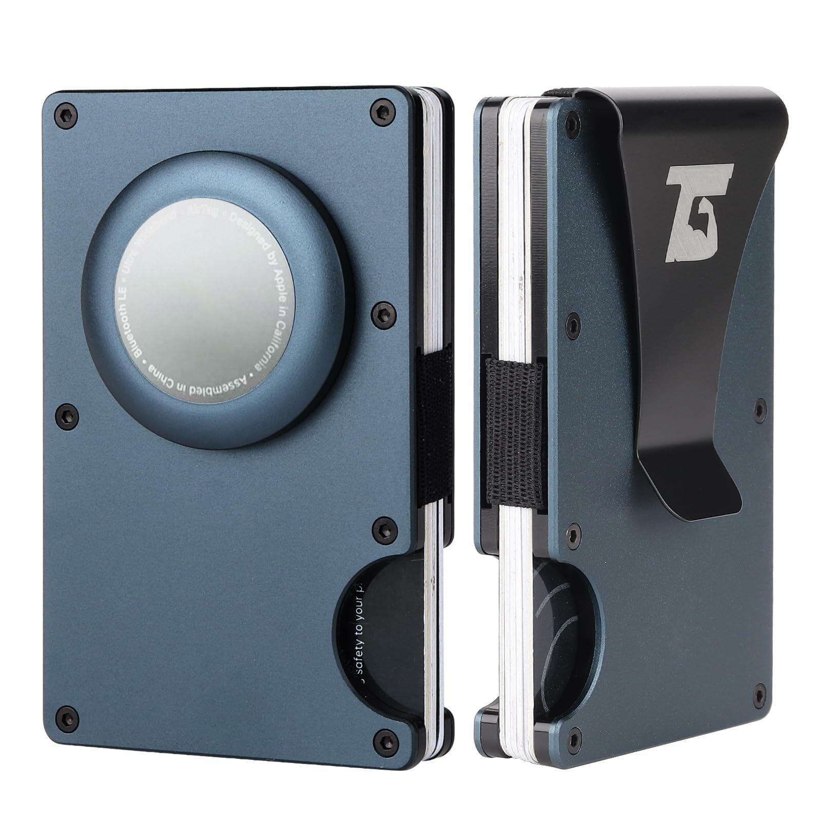 Team Gainz Mens Metal RFID Wallet with Airtag Holder Blue W/ Strap - Overture Gifts
