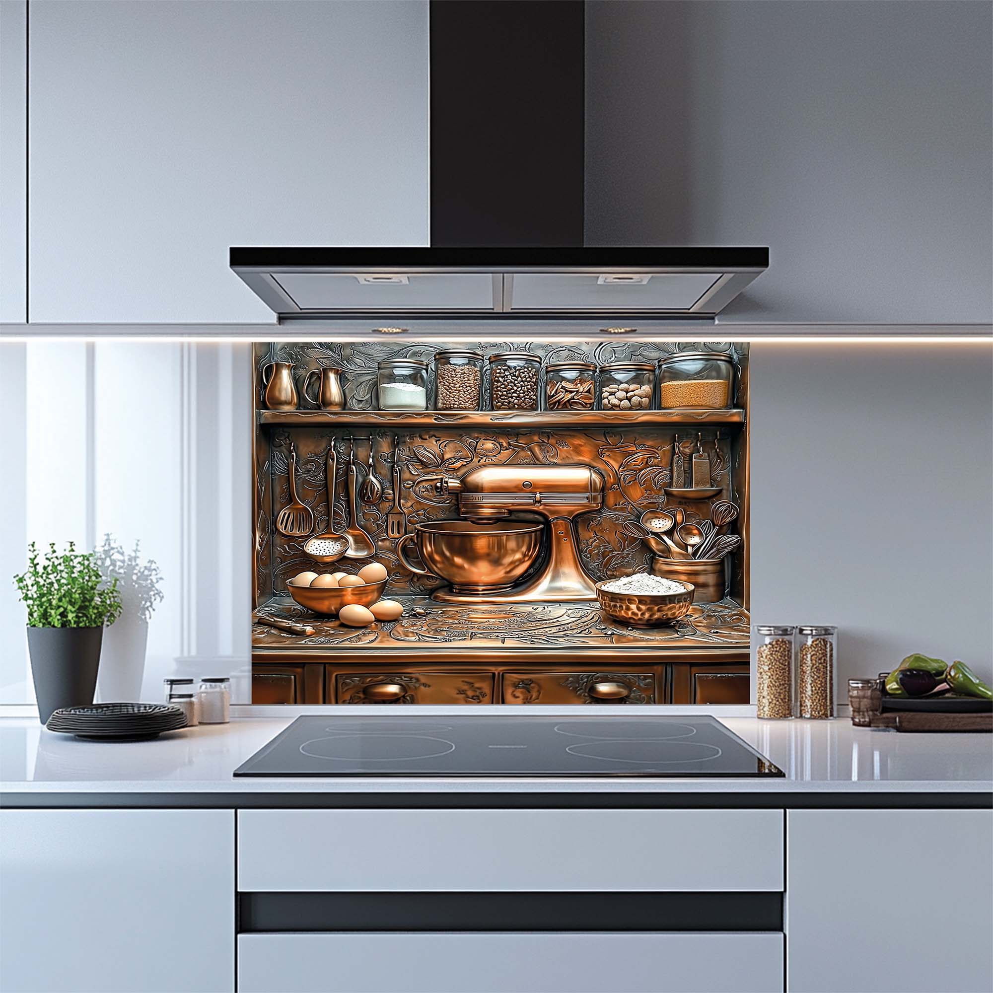 Baker – Tempered Glass Backsplash for Kitchen Stove | Baking Scene in Copper Look