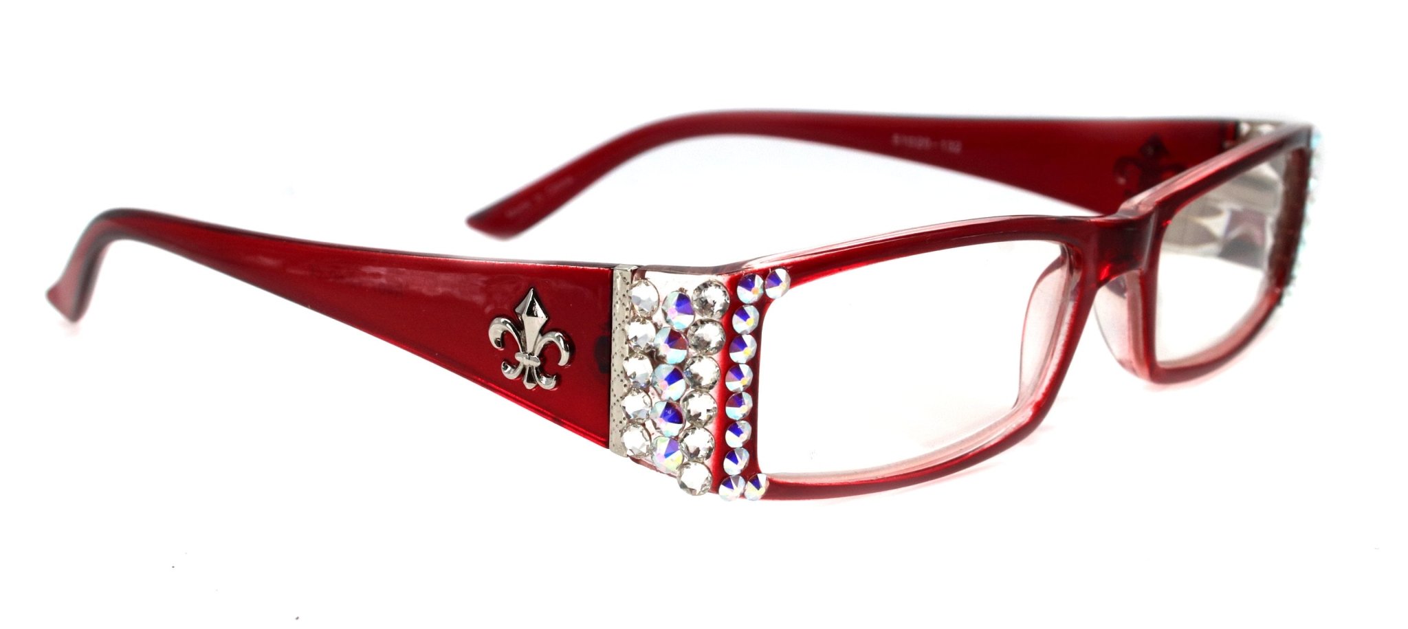 The French, (Bling) (Fleur De Lis) Women Reading Glasses W Genuine European Crystals (Aurora Borealis, Clear) (Red) Frame, NY Fifth Avenue - Overture Gifts