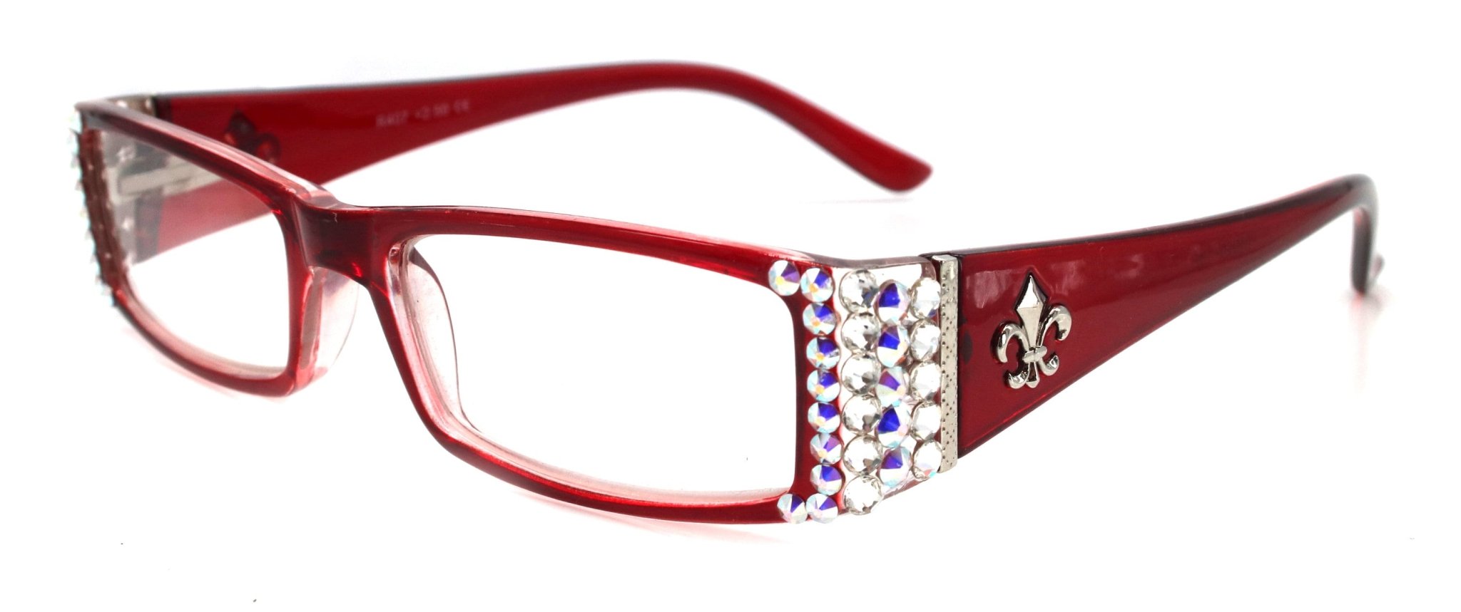 The French, (Bling) (Fleur De Lis) Women Reading Glasses W Genuine European Crystals (Aurora Borealis, Clear) (Red) Frame, NY Fifth Avenue - Overture Gifts