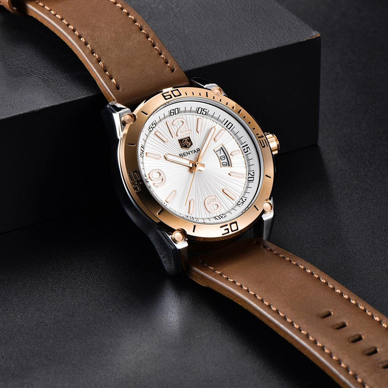 Top Luxury Fashion Mens Watches Quartz Casual Leather Design Sport Analog Waterproof Classic Wrist Watch - Overture Gifts