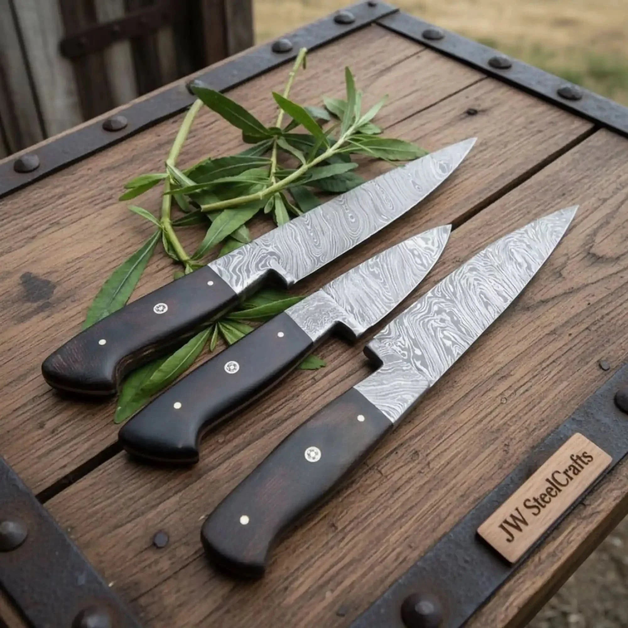 3-Piece Twisted Damascus Knife Set with Black Micarta Handles