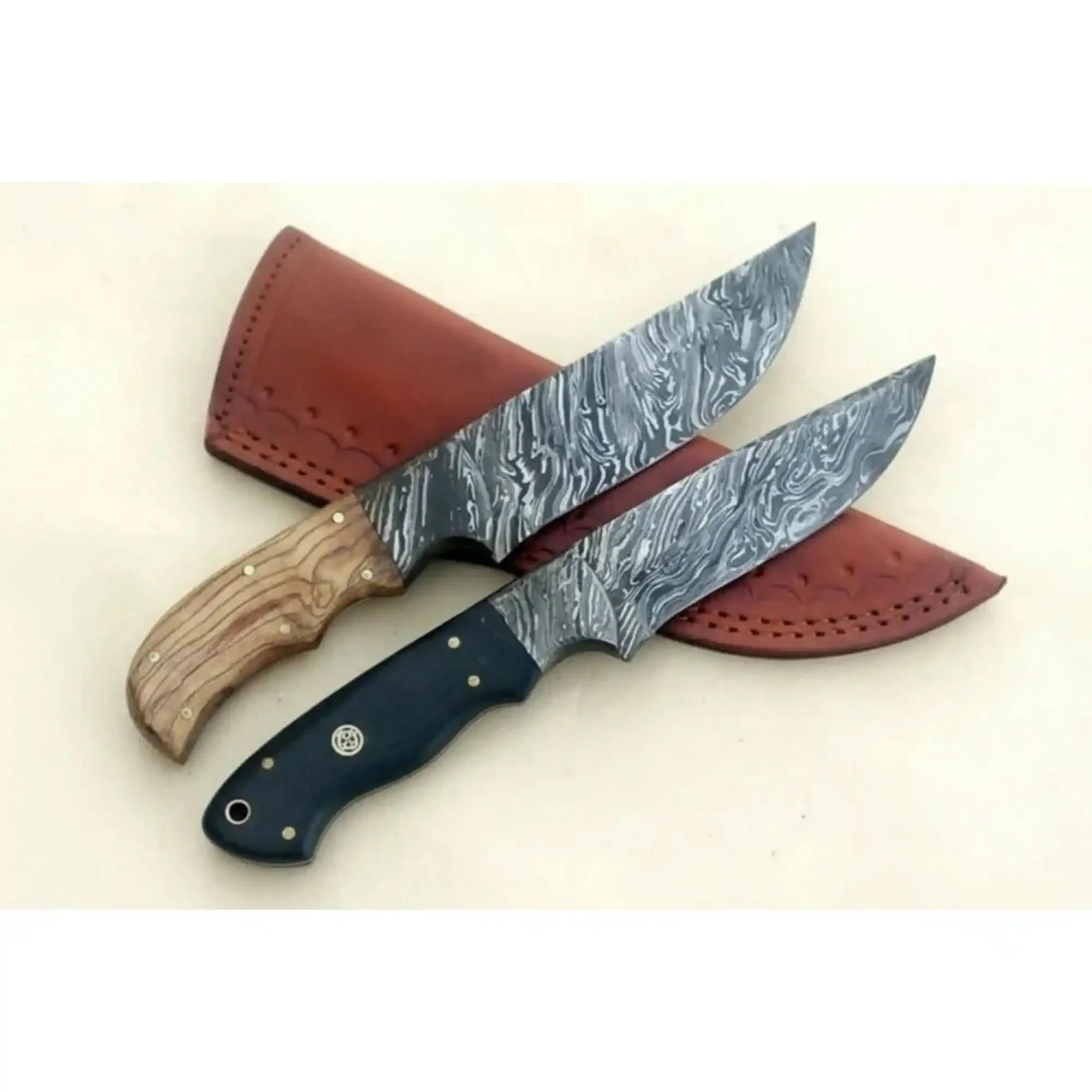 Handmade Damascus Steel Sable Ridge Skinner Knife Set Fixed Blades knives with Leather Sheaths