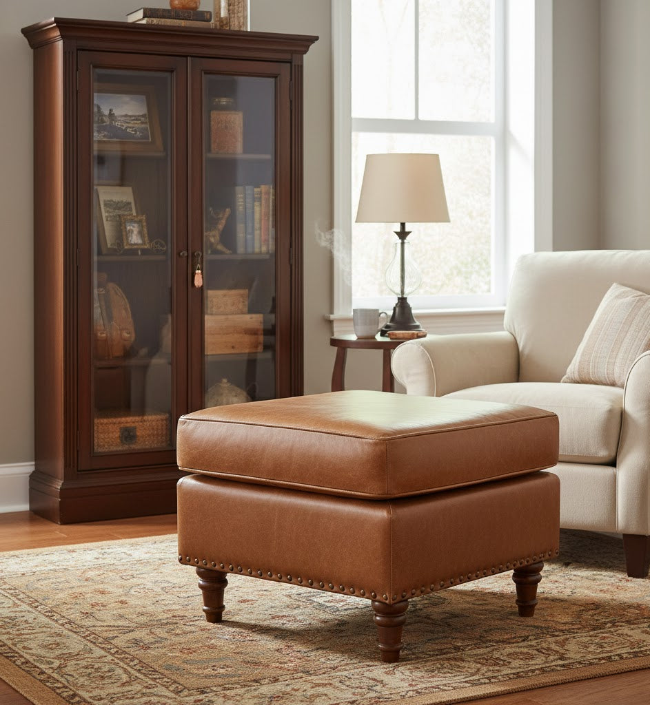 English Stationary Leather Ottoman - Light Brown