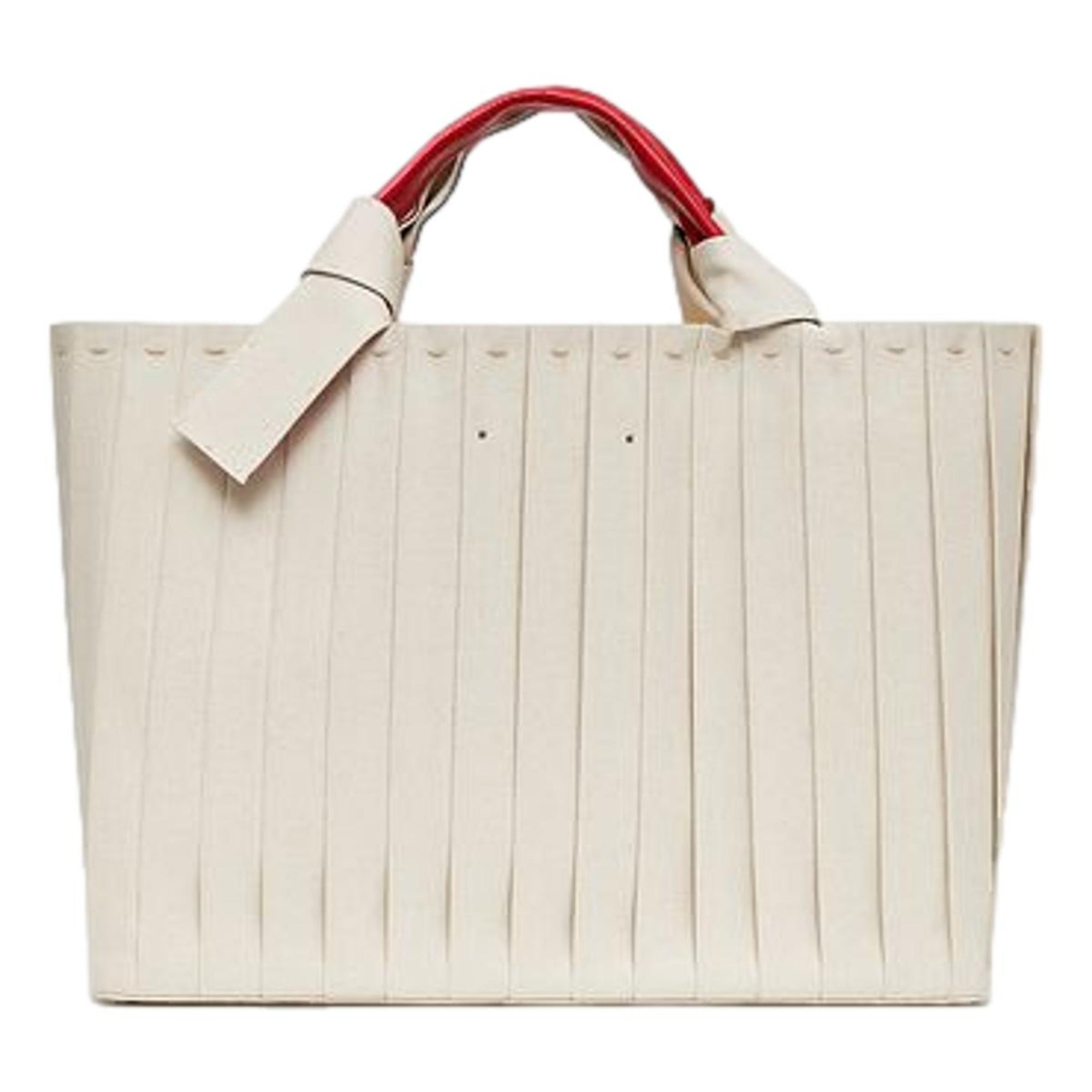 Valentino Garavani 05 Plisse Edition Sac Atelier Large Canvas Tote Bag Beige Red Trim