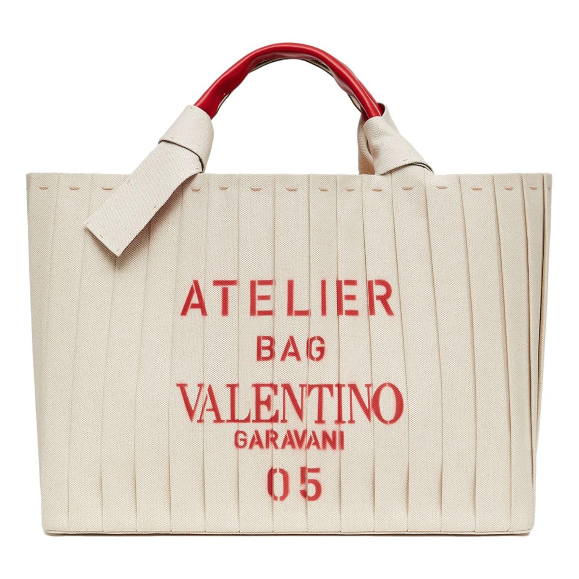 Valentino Garavani 05 Plisse Edition Sac Atelier Large Canvas Tote Bag Beige Red Trim