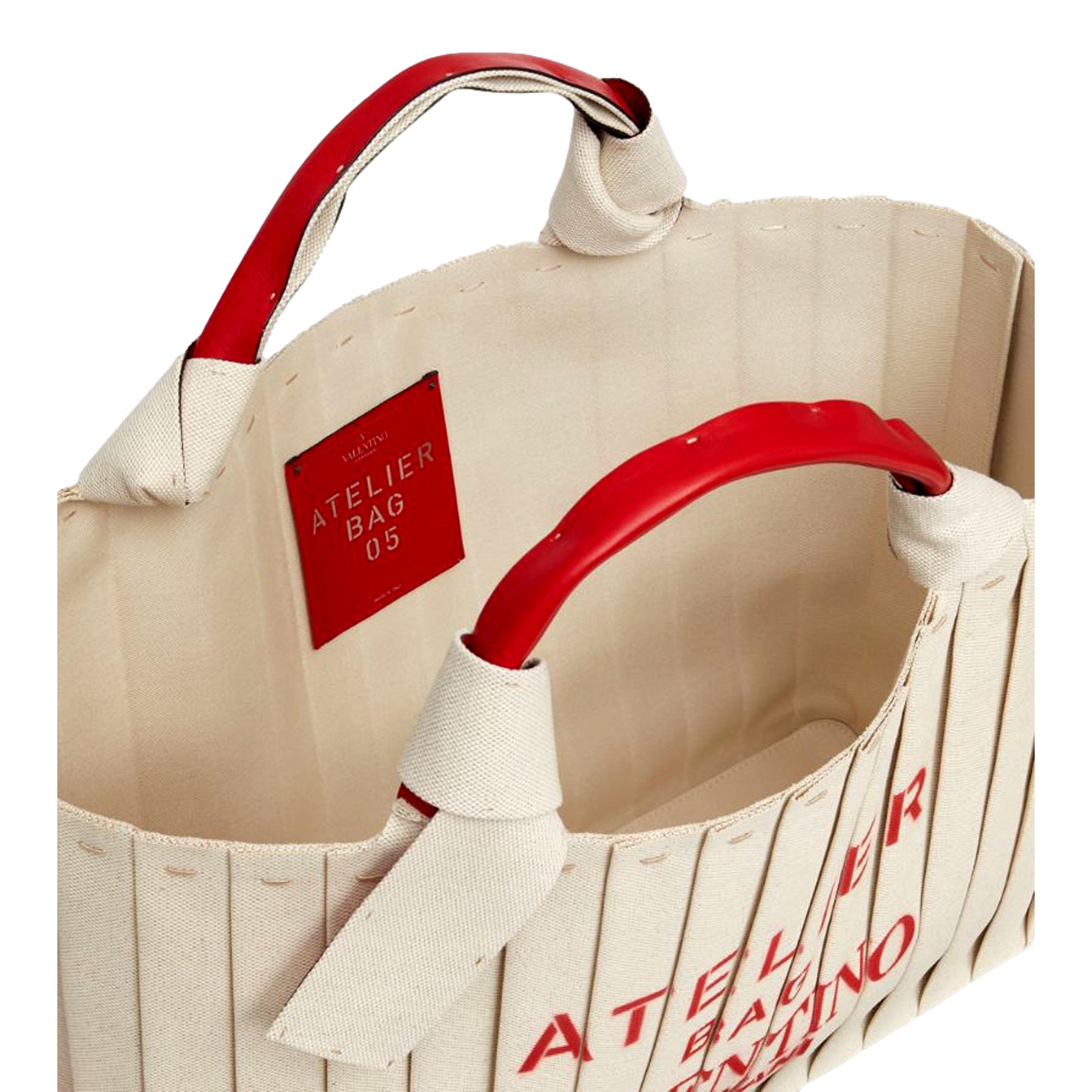 Valentino Garavani 05 Plisse Edition Sac Atelier Large Canvas Tote Bag Beige Red Trim