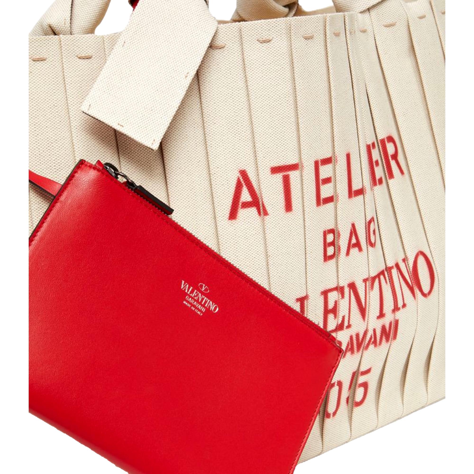 Valentino Garavani 05 Plisse Edition Sac Atelier Large Canvas Tote Bag Beige Red Trim