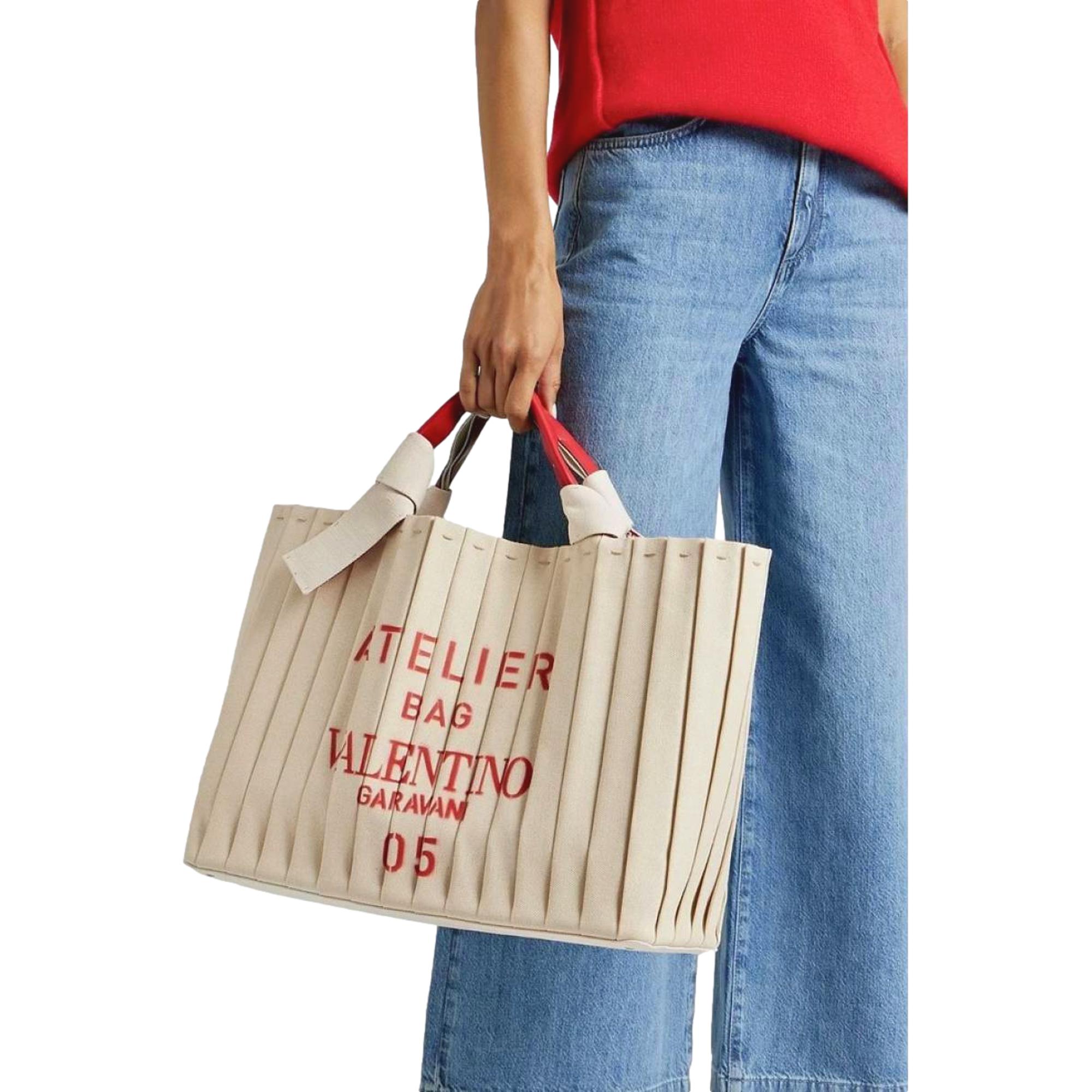 Valentino Garavani 05 Plisse Edition Sac Atelier Large Canvas Tote Bag Beige Red Trim