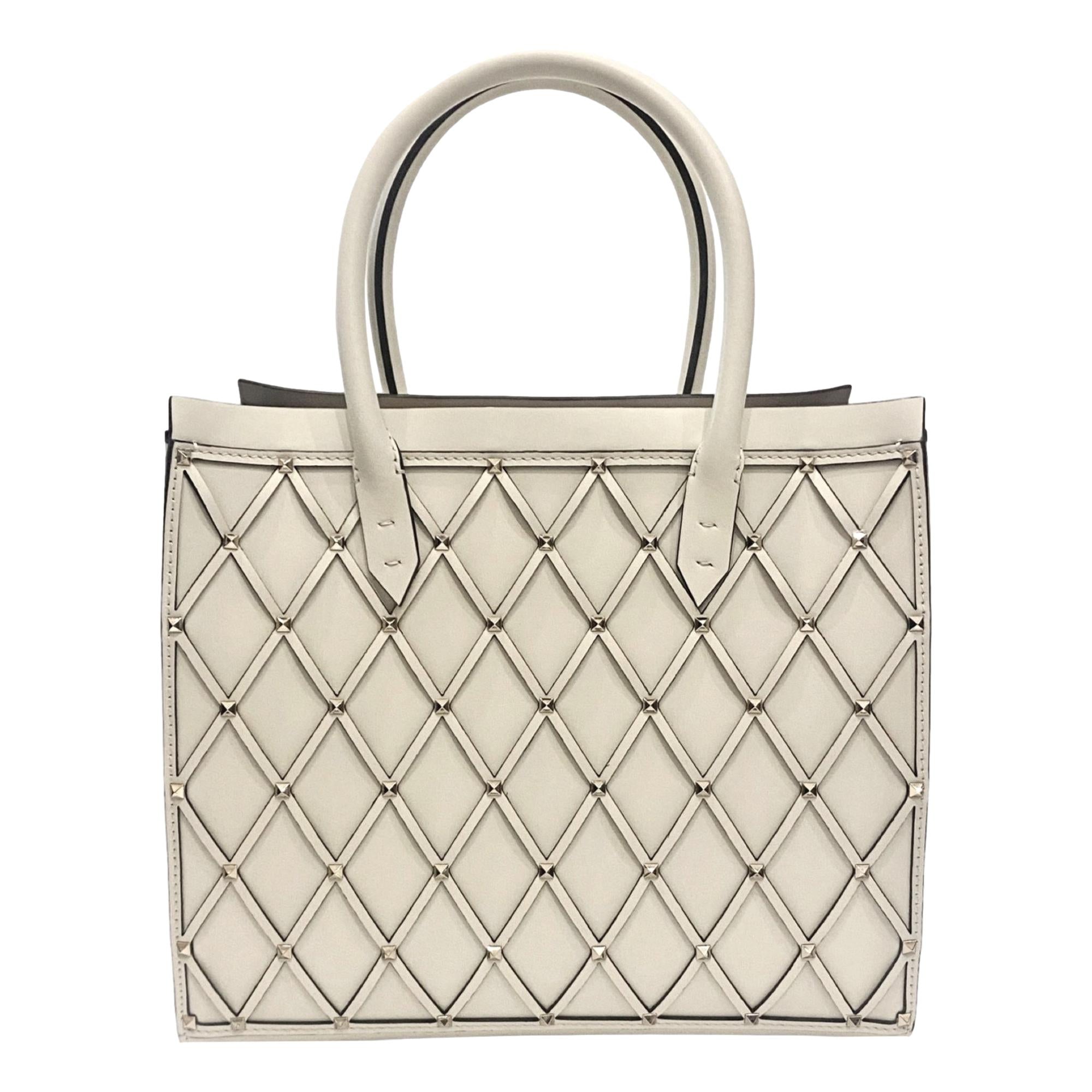 Valentino Garavani Beehive Lattice Ivory Studded Calfskin Leather Crossbody Tote Bag