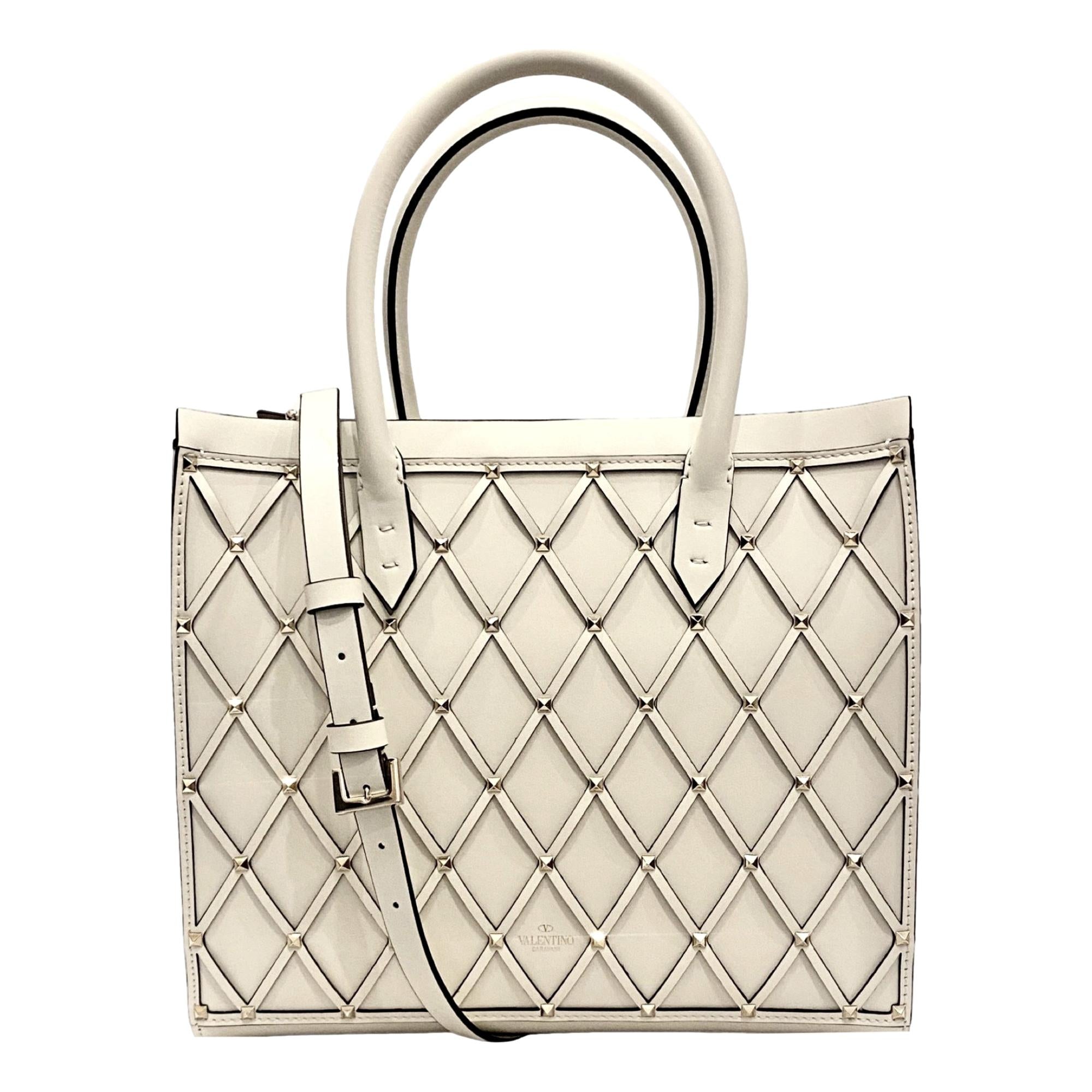 Valentino Garavani Beehive Lattice Ivory Studded Calfskin Leather Crossbody Tote Bag
