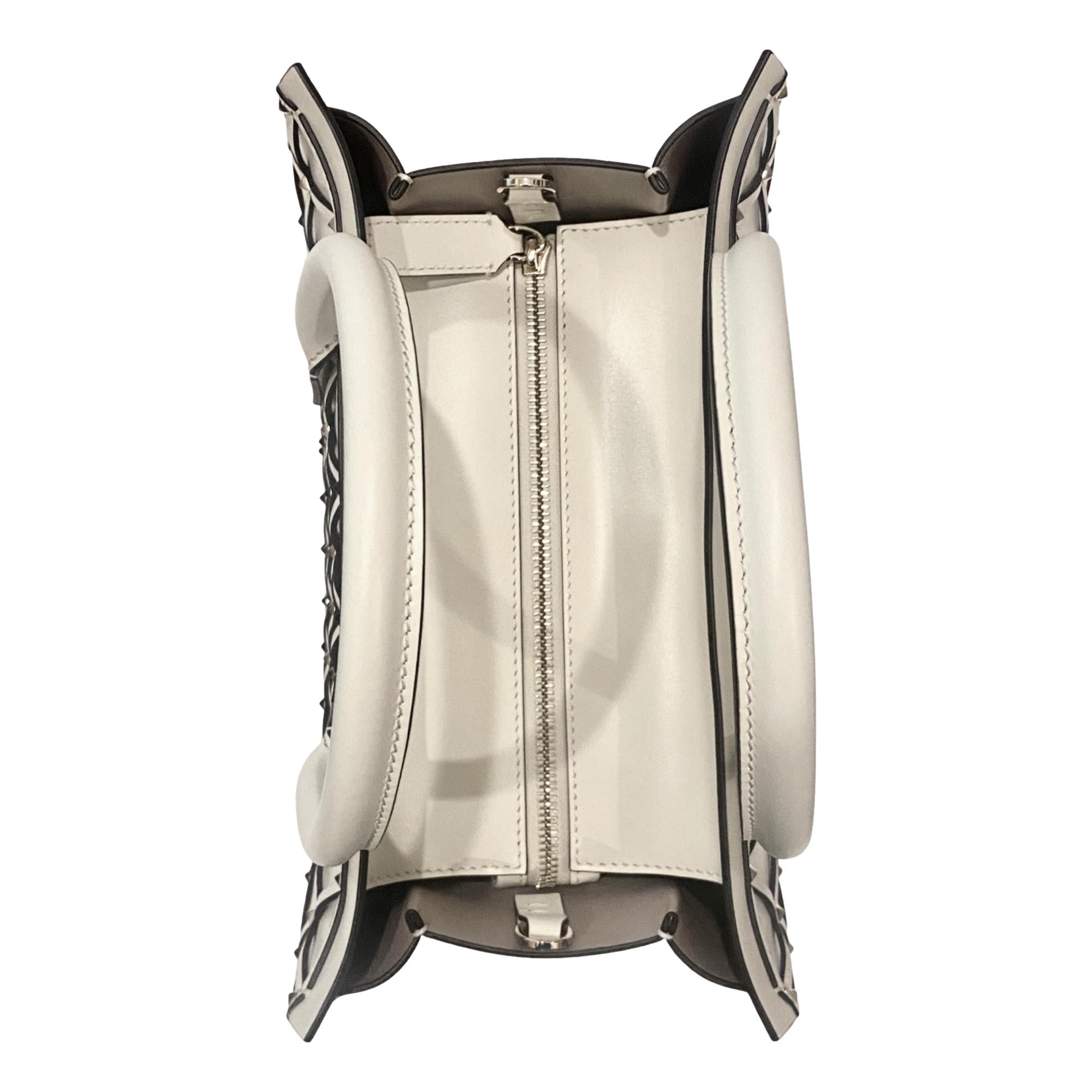 Valentino Garavani Beehive Lattice Ivory Studded Calfskin Leather Crossbody Tote Bag