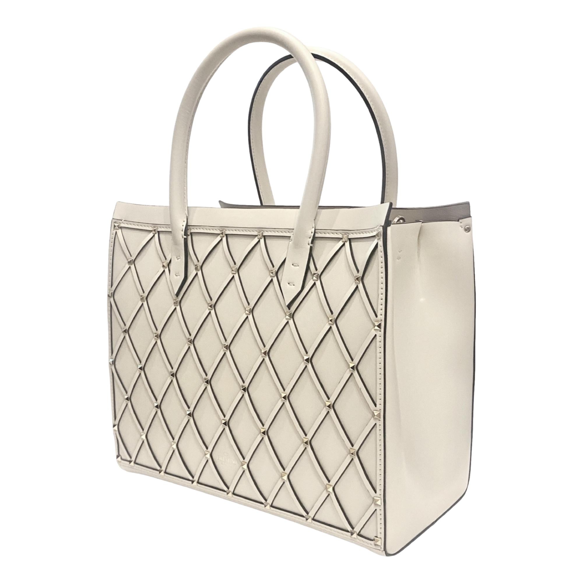 Valentino Garavani Beehive Lattice Ivory Studded Calfskin Leather Crossbody Tote Bag