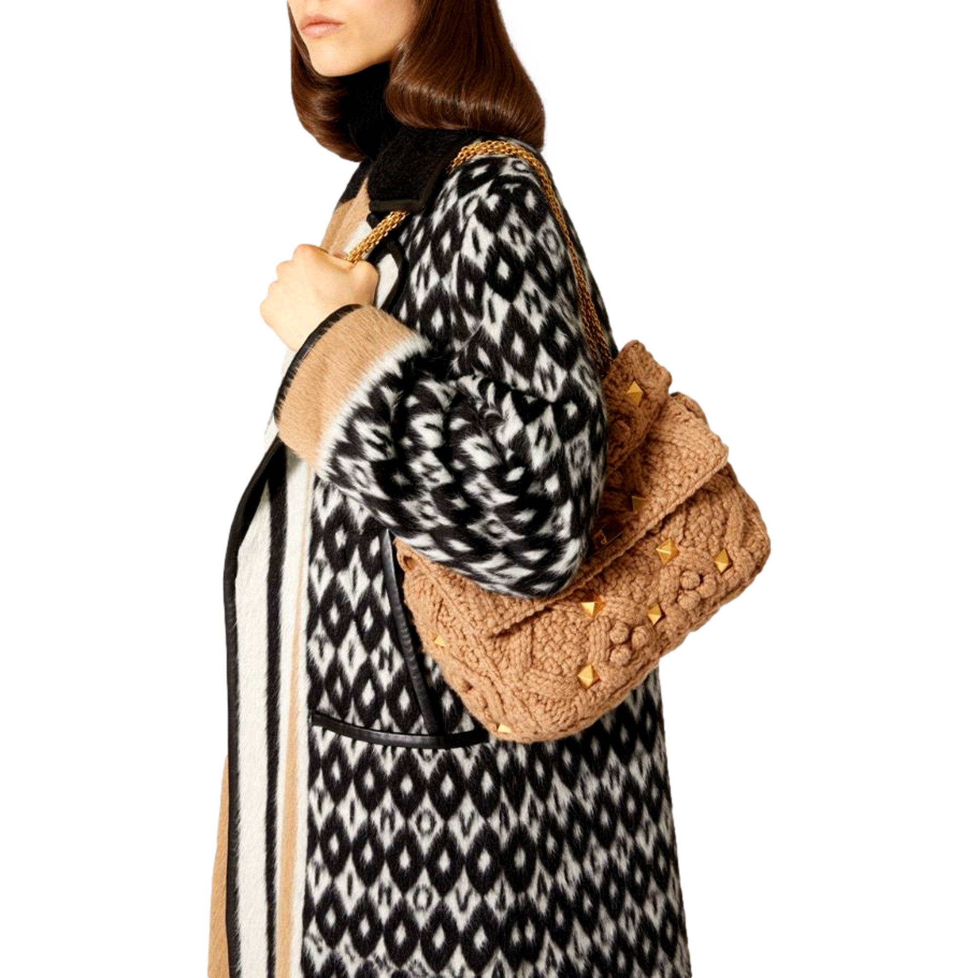 Valentino Garavani Roman Stud Large Shoulder Bag Brown Cashmere Knit Gold Hardware