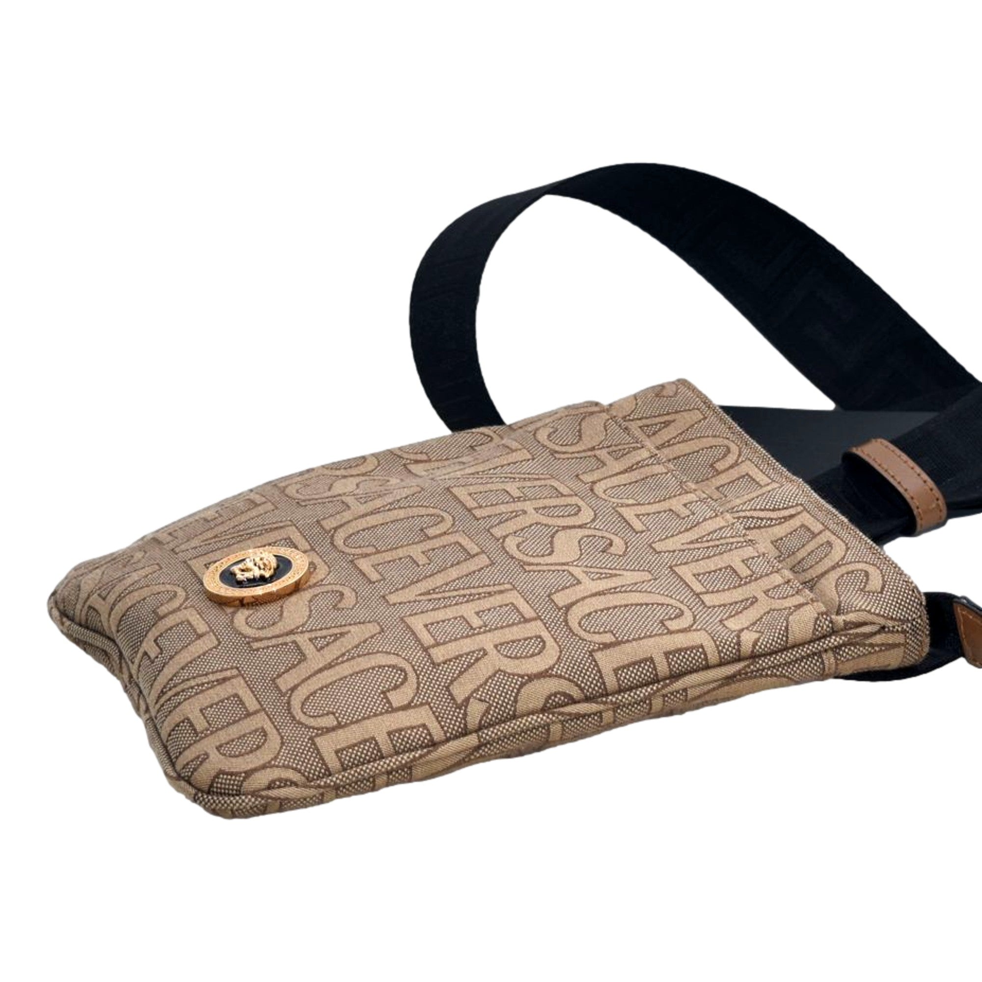 Versace La Medusa Canvas Logo Print Small Crossbody Bag Black Strap