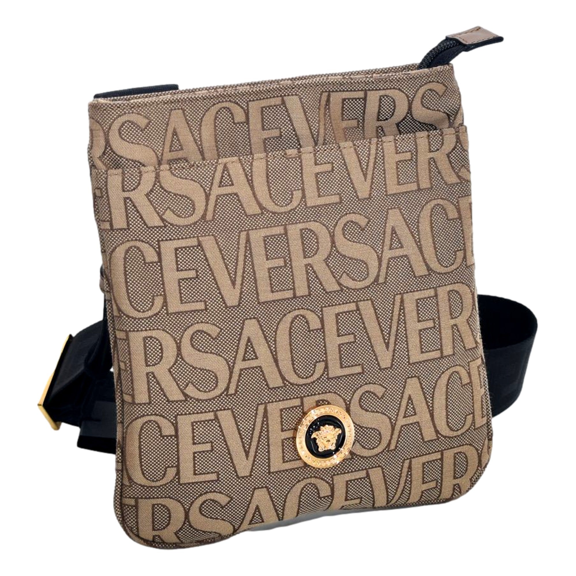 Versace La Medusa Canvas Logo Print Small Crossbody Bag Black Strap