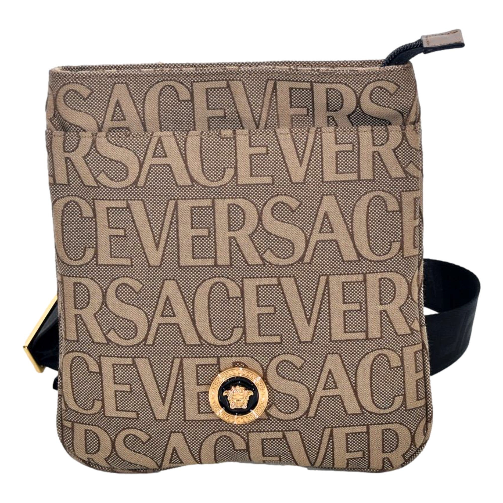 Versace La Medusa Canvas Logo Print Small Crossbody Bag Black Strap