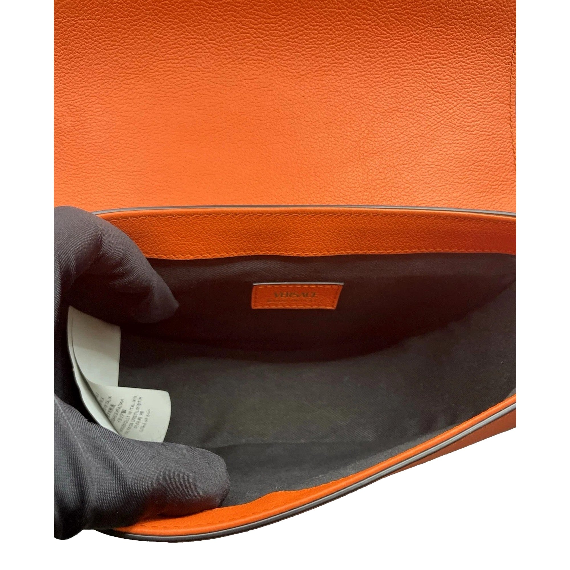 Versace Half-Moon La Medusa Vitello Leather Orange Crossbody Handbag