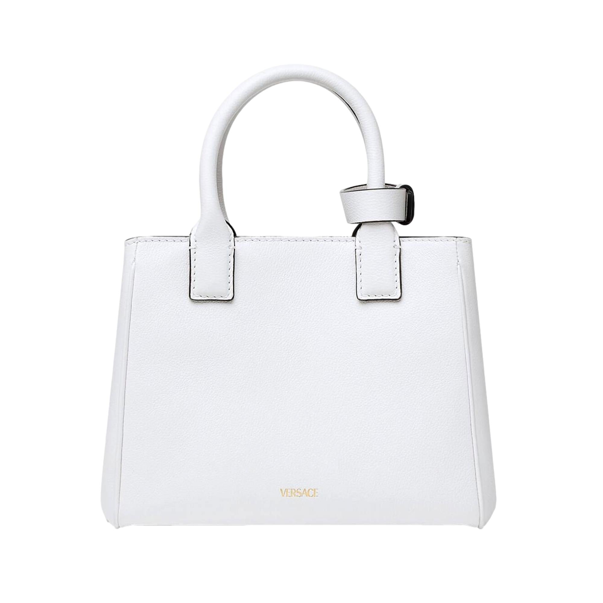 Versace La Medusa White Leather Small Crossbody Tote Bag Gold Plaque Chain