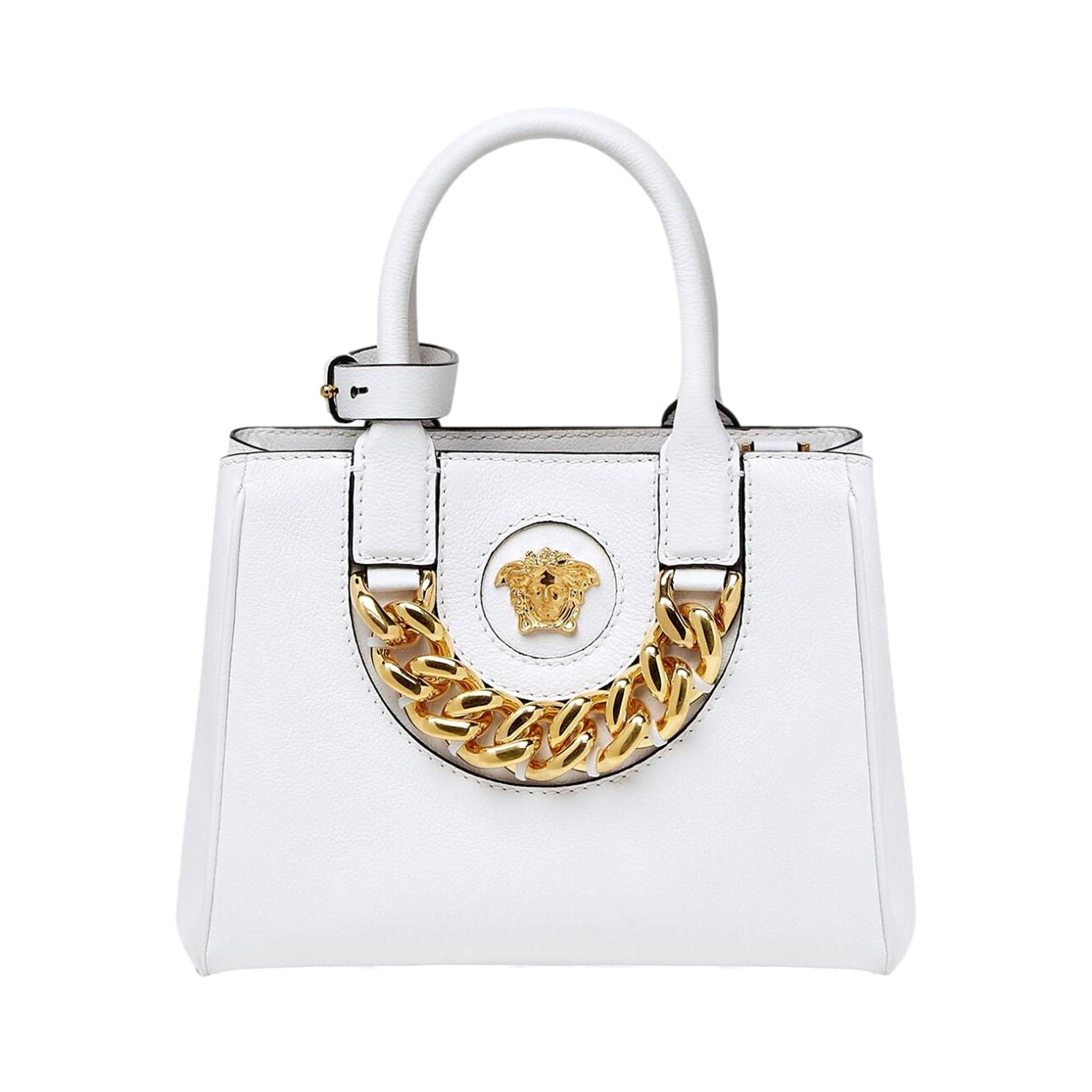 Versace La Medusa White Leather Small Crossbody Tote Bag Gold Plaque Chain
