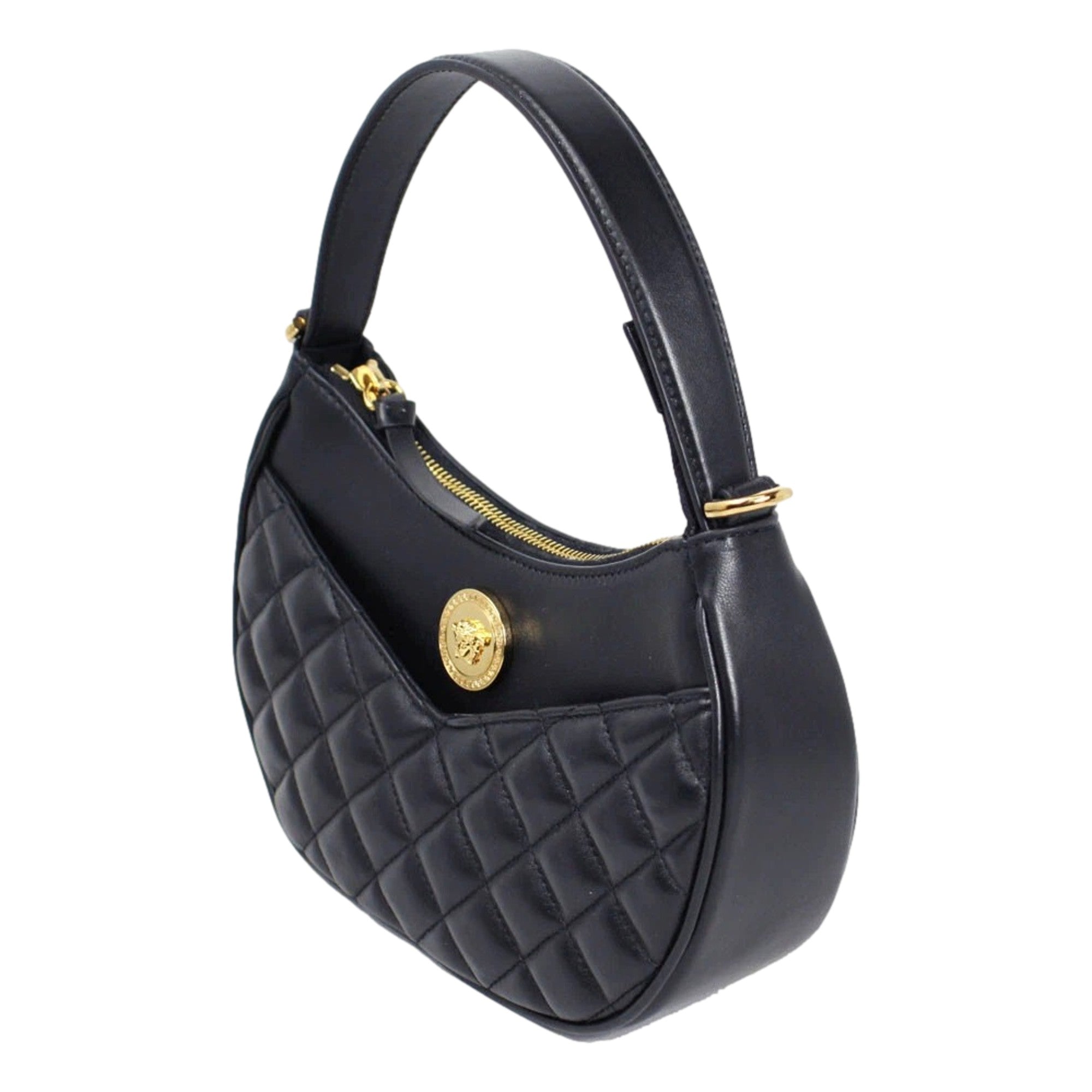 Versace La Medusa Half Moon Hobo Shoulder Crossbody Bag Black Leather