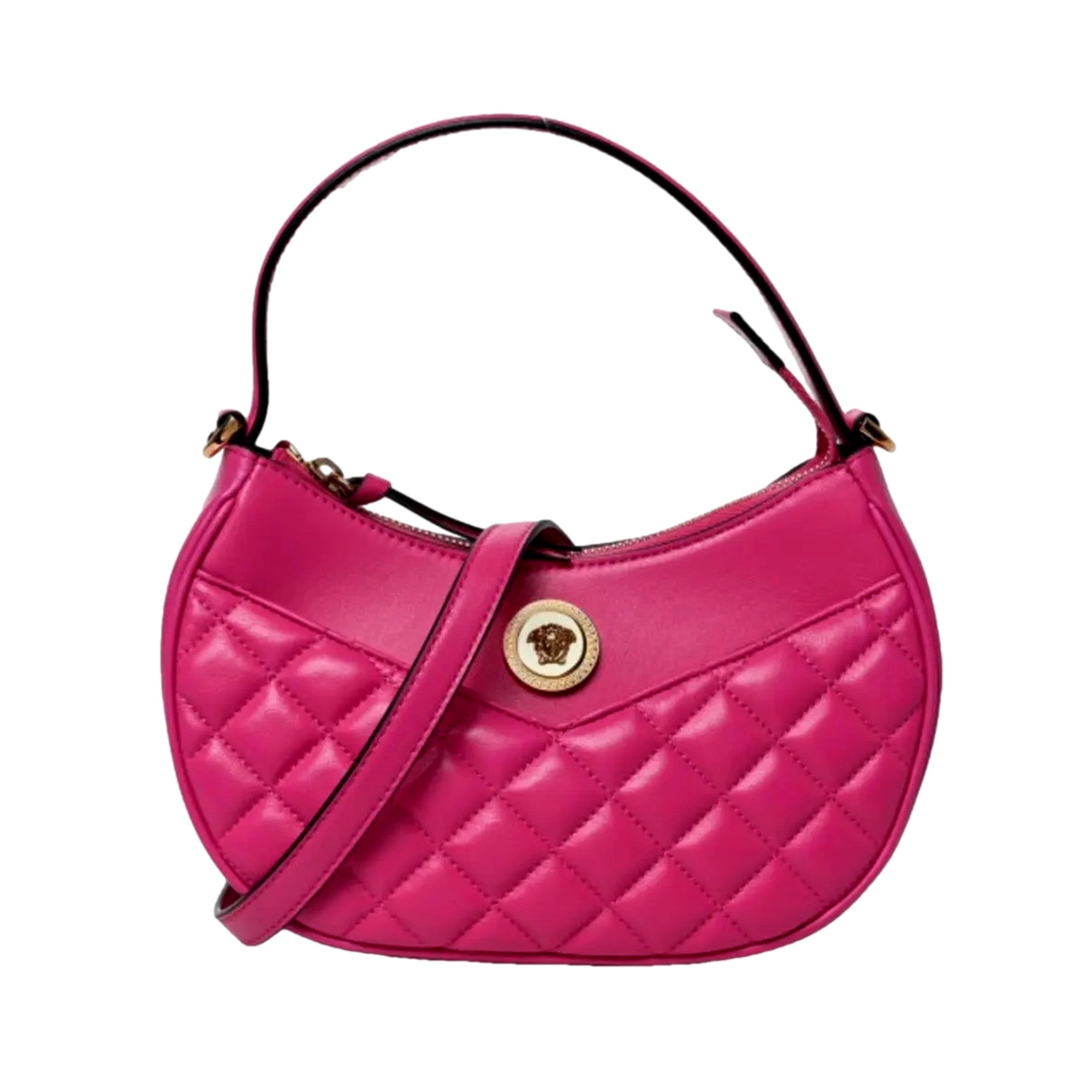 Versace La Medusa Pink Quilted Leather Half Moon Bag Gold Chain Crossbody