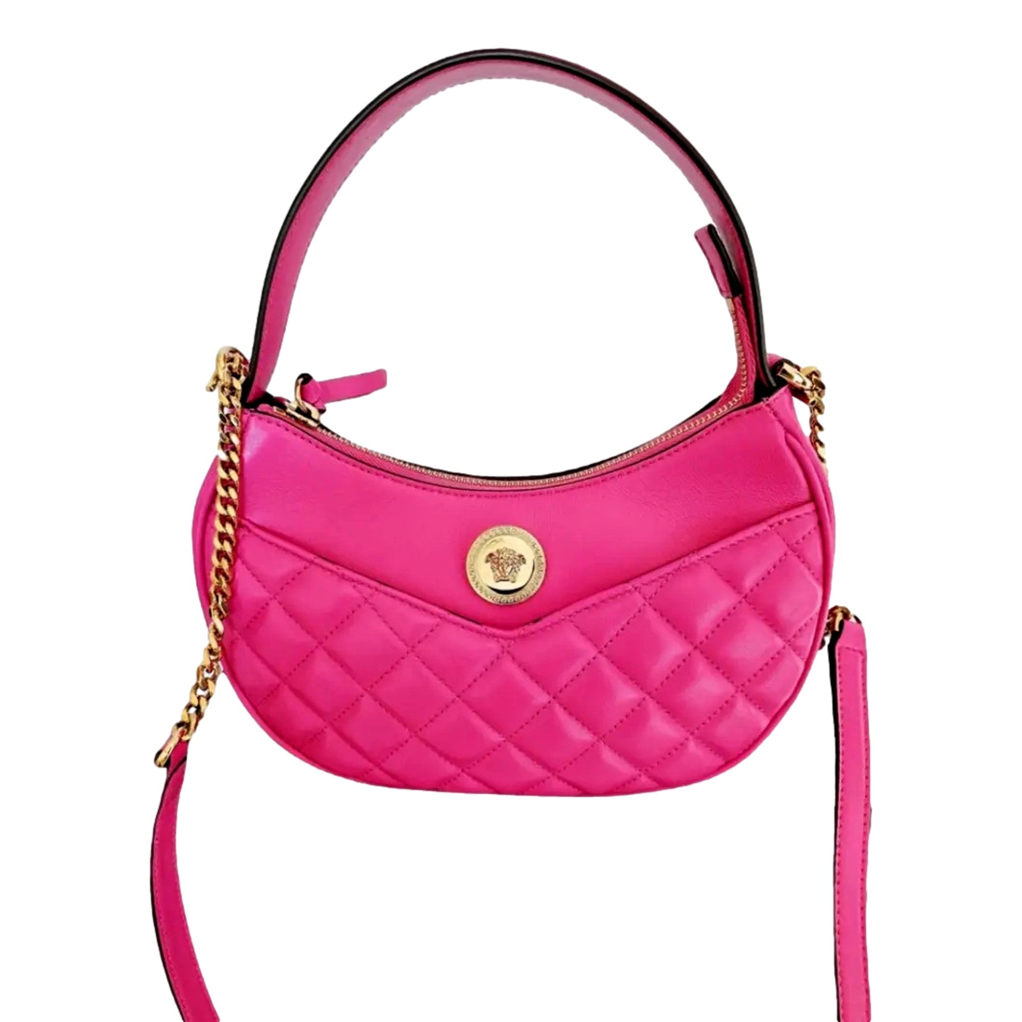 Versace La Medusa Pink Quilted Leather Half Moon Bag Gold Chain Crossbody