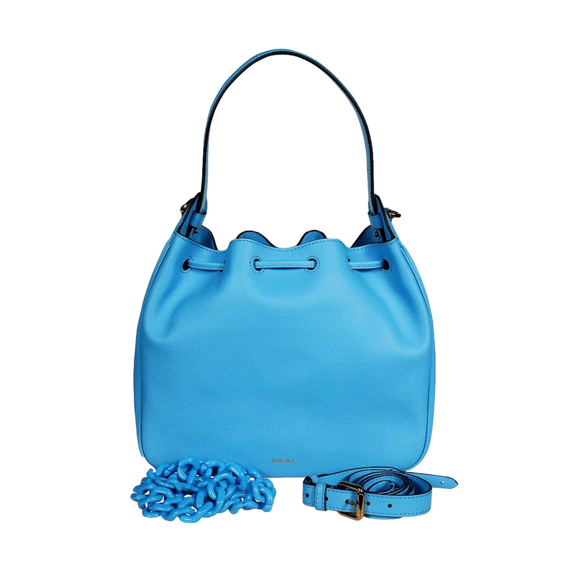 Versace La Medusa Blue Textured Leather Bucket Bag Gold Hardware Chain Strap