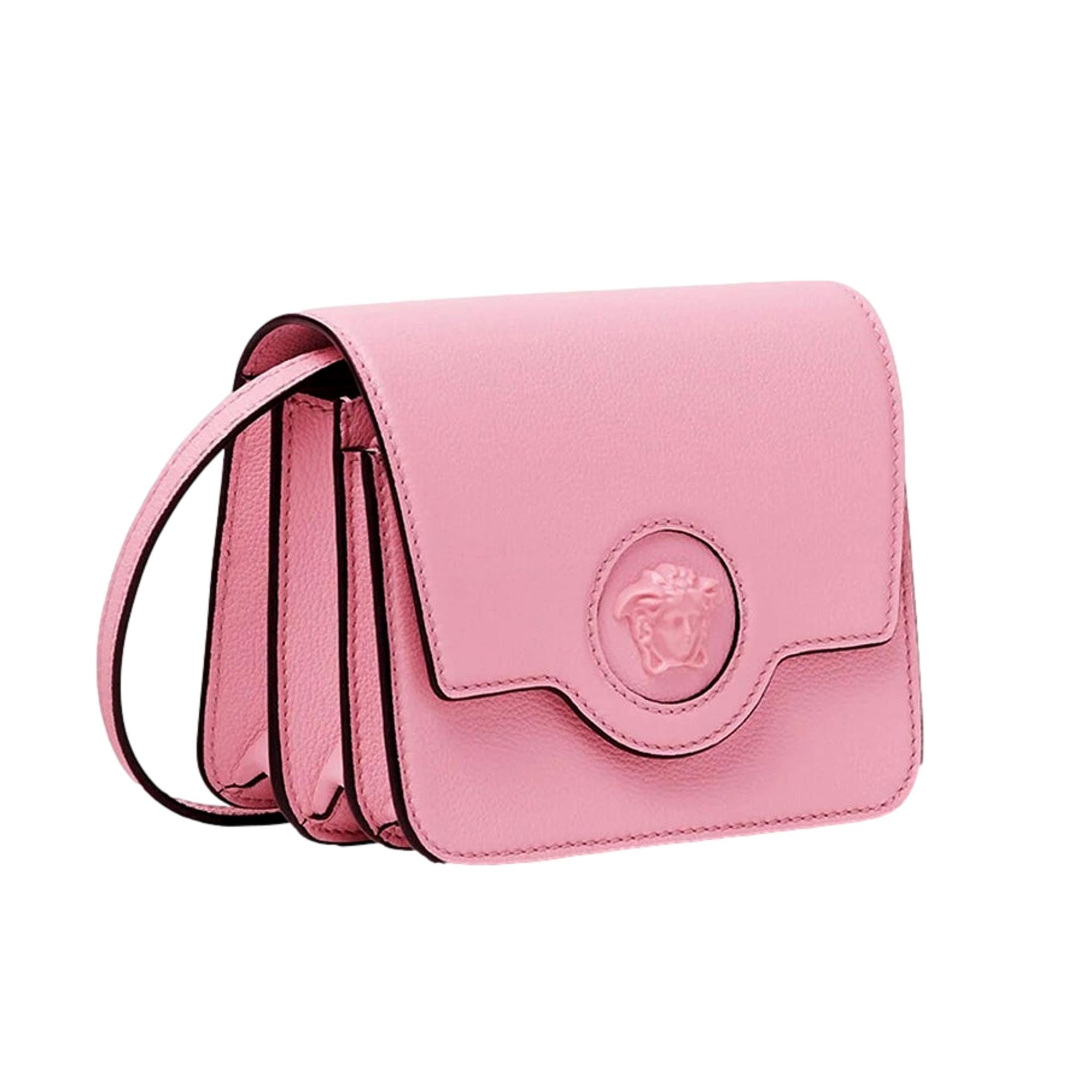 Versace La Medusa Pink Pebbled Leather Small Crossbody Bag Gold Logo
