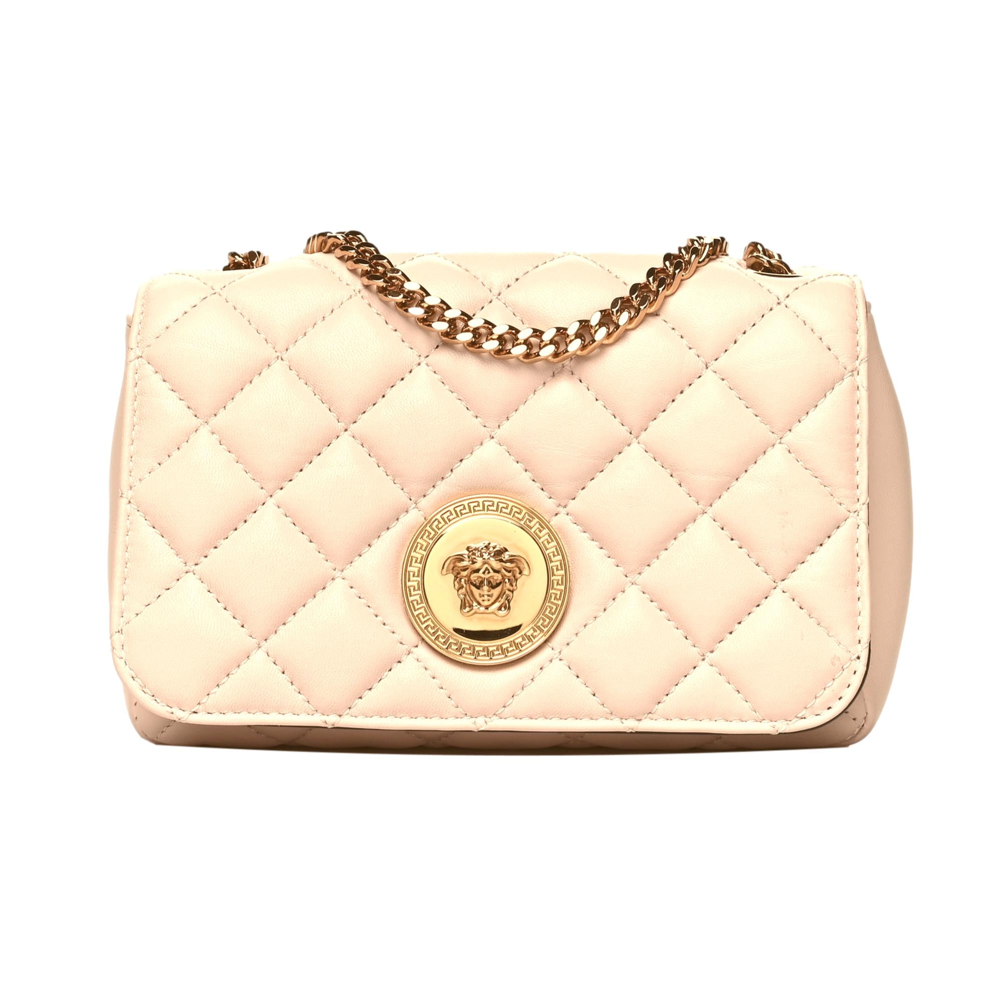 Versace La Medusa Nappa Quilted Beige Leather Small Crossbody Bag Gold Chain