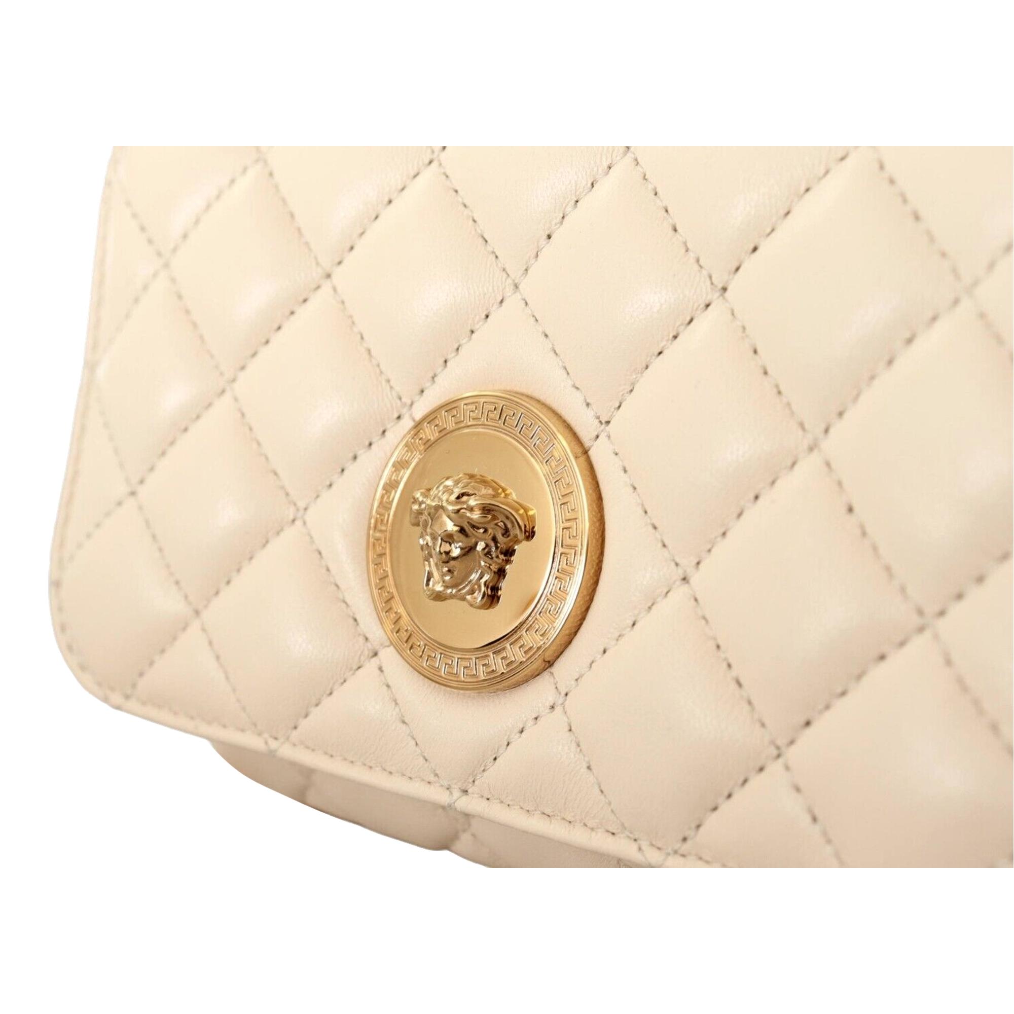 Versace La Medusa Nappa Quilted Beige Leather Small Crossbody Bag Gold Chain