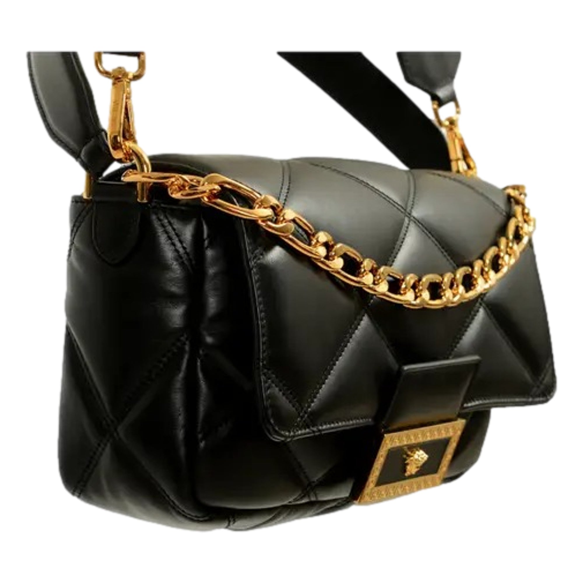 Versace La Medusa Quilted Black Calfskin Leather Crossbody Bag Gold Chain