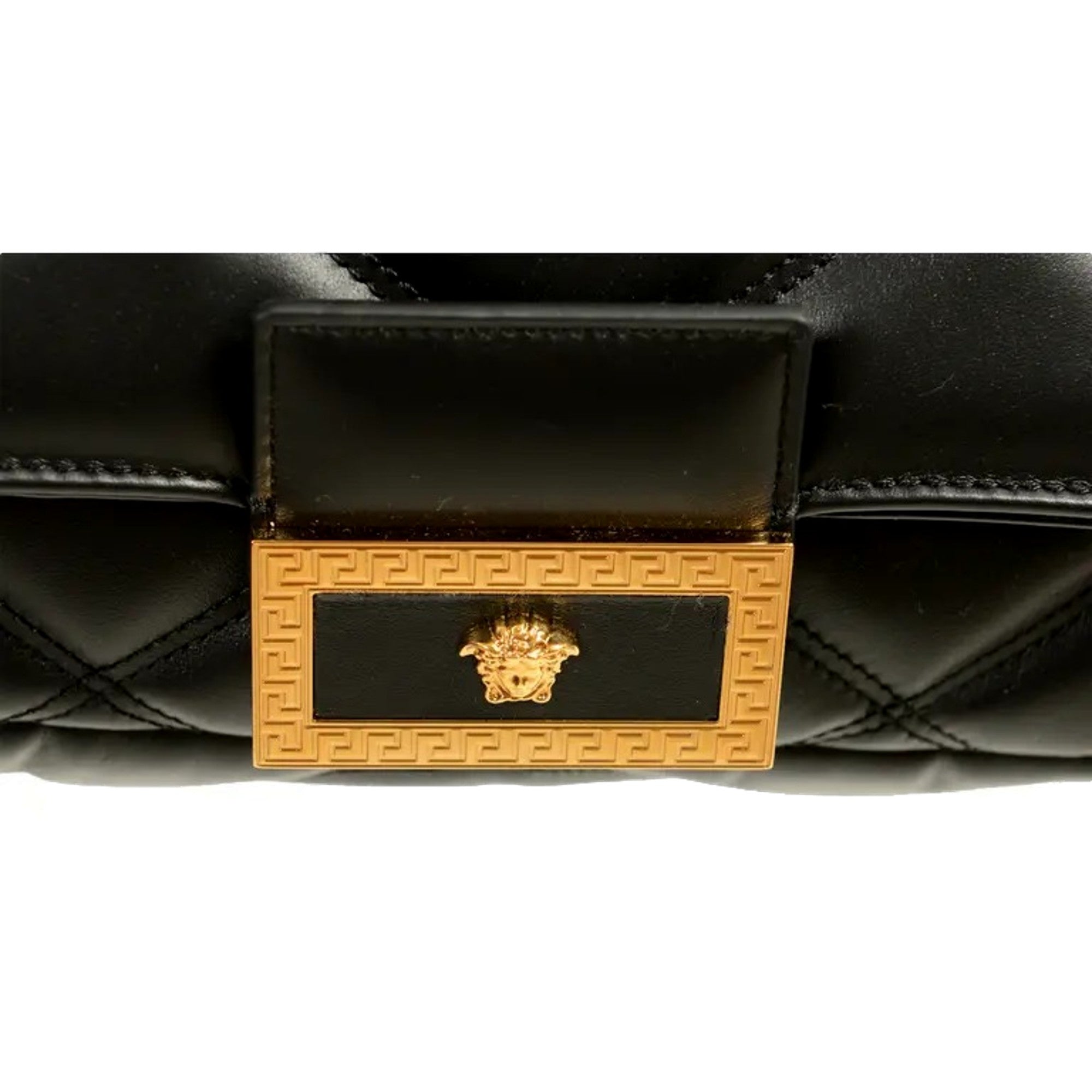 Versace La Medusa Quilted Black Calfskin Leather Crossbody Bag Gold Chain