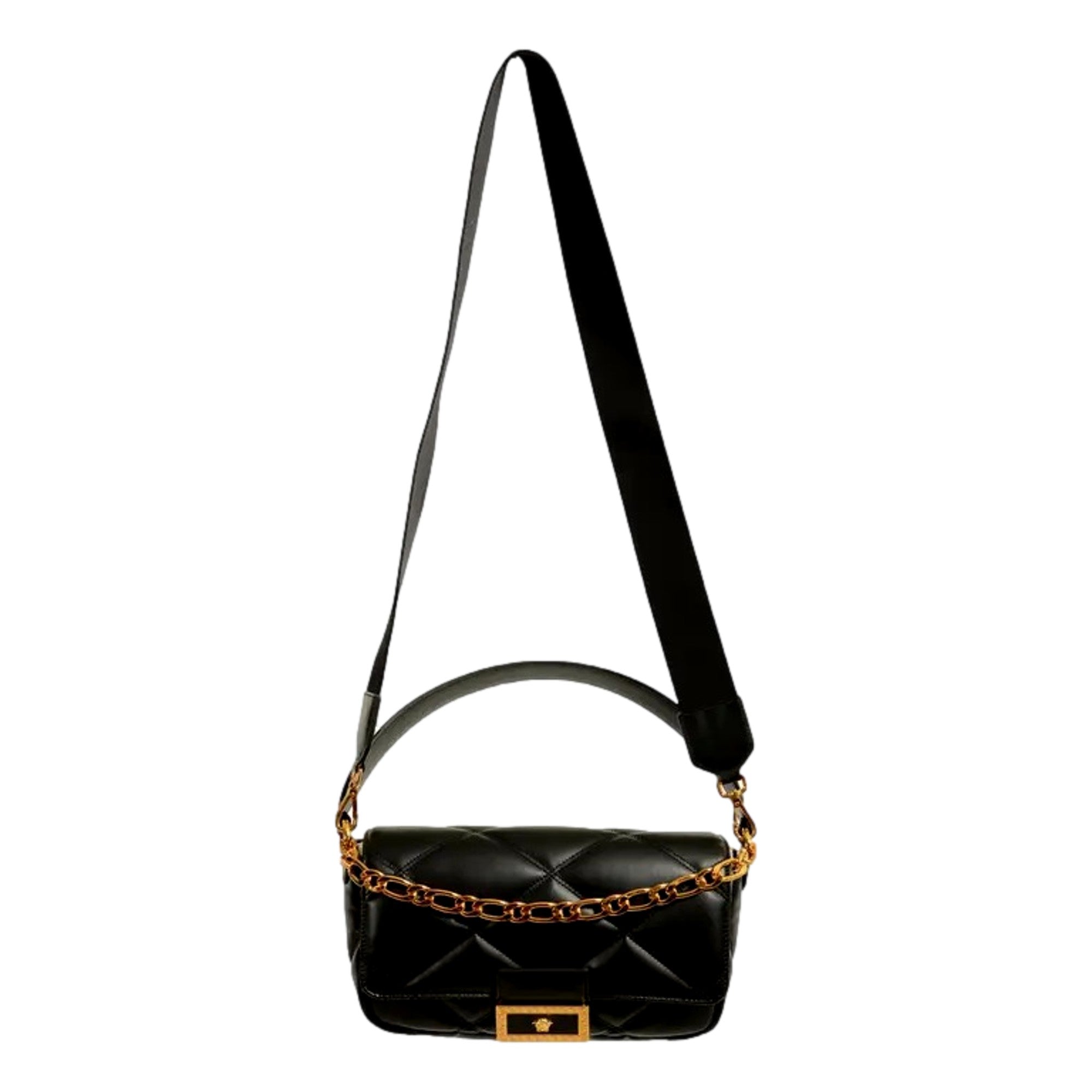 Versace La Medusa Quilted Black Calfskin Leather Crossbody Bag Gold Chain