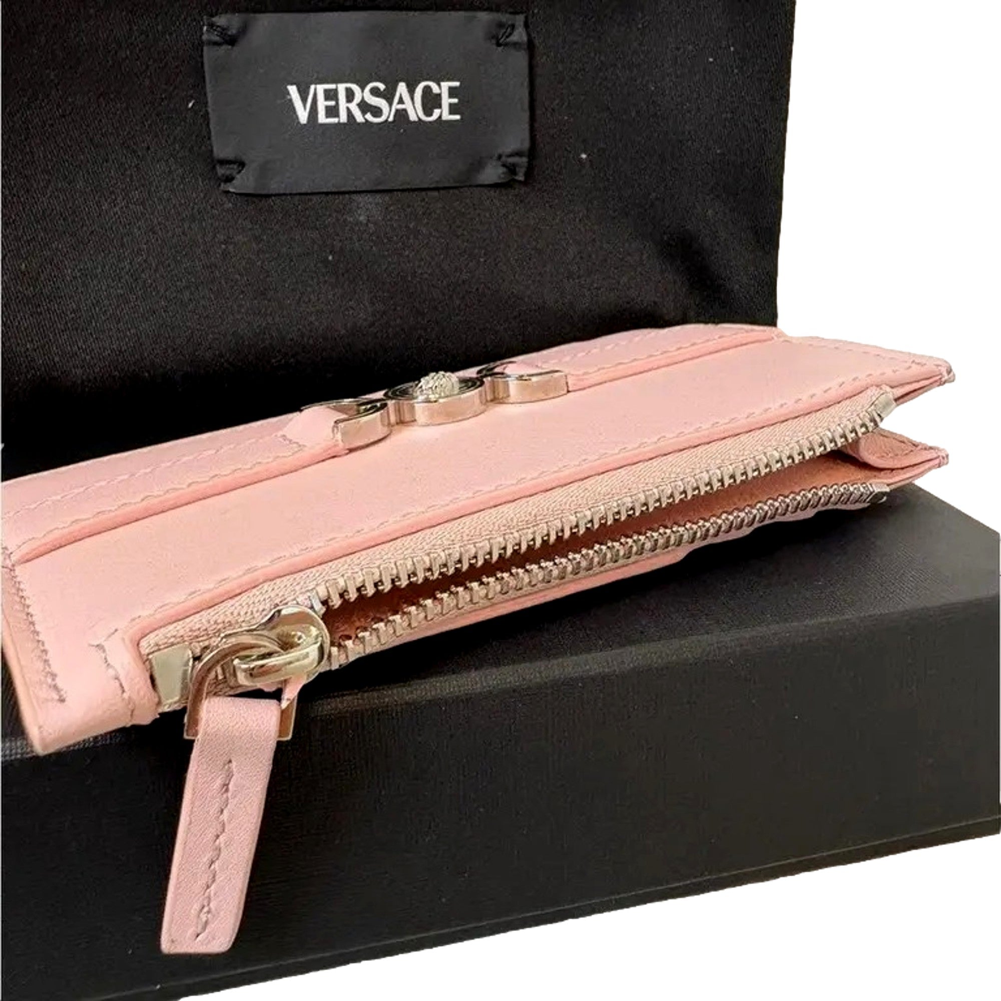 Versace Medusa 95 Dusty Pink Leather Zipper Card Holder Slim Wallet