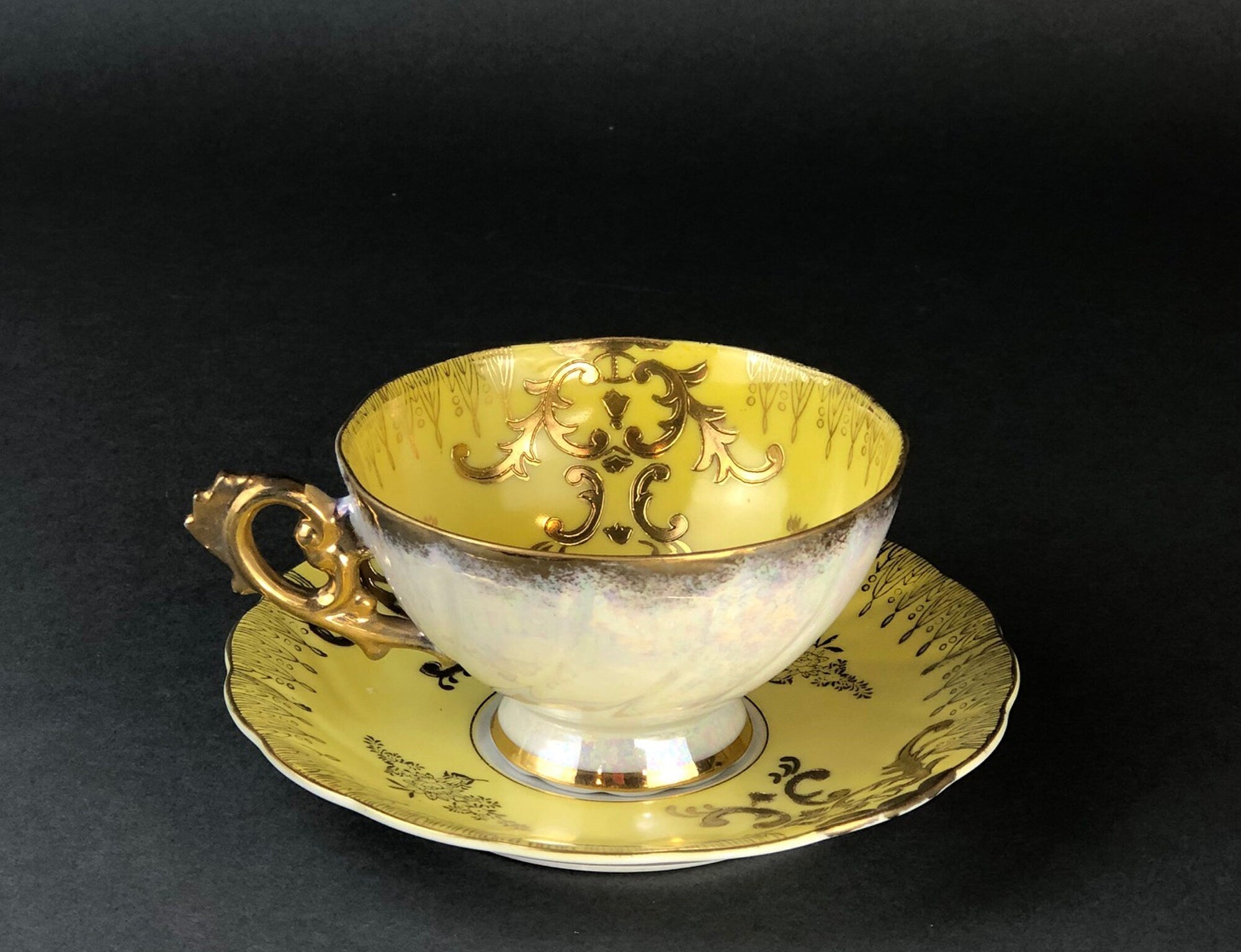 Vintage Royal Sealy Japan Lusterware Teacup and Saucer - Yellow & Gold Iridescent MCM - Overture Gifts