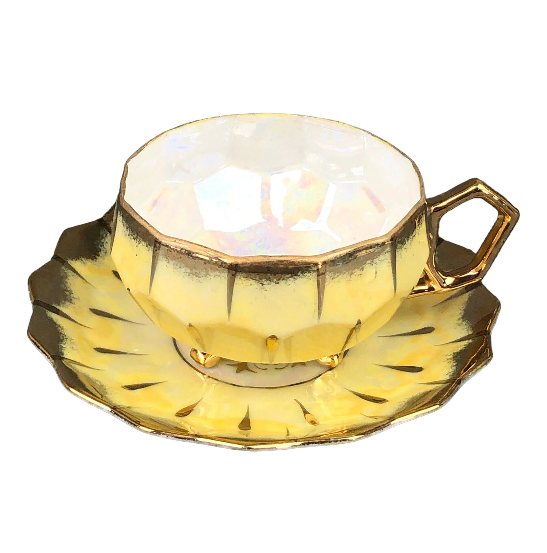 Vintage Royal Sealy Japan Lusterware Teacup and Saucer - Yellow & Gold Iridescent MCM - Overture Gifts