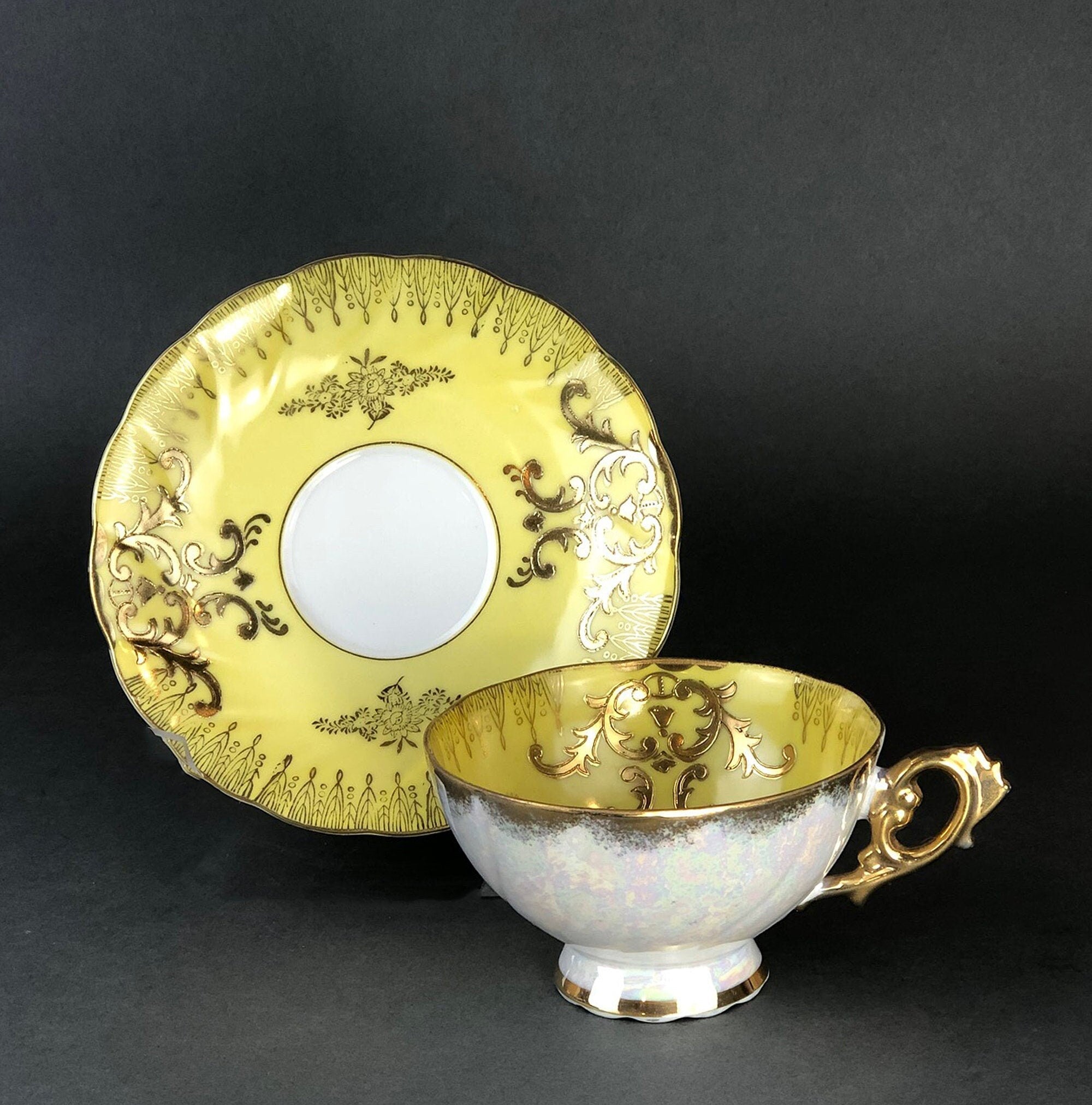 Vintage Royal Sealy Japan Lusterware Teacup and Saucer - Yellow & Gold Iridescent MCM - Overture Gifts