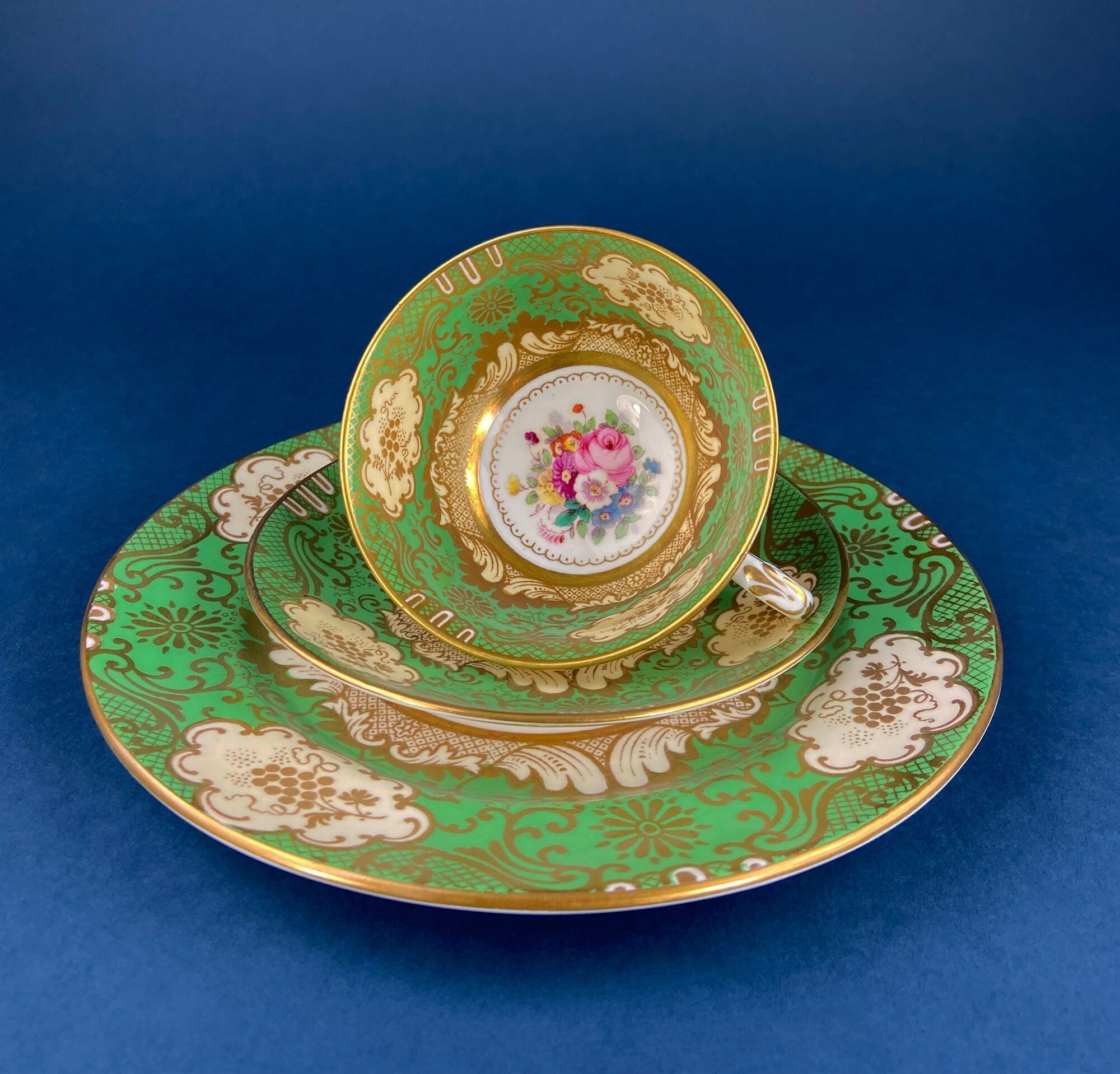 Vintage Staffordshire Tea Trio: Green, Gold, and Pink Porcelain Set - Overture Gifts