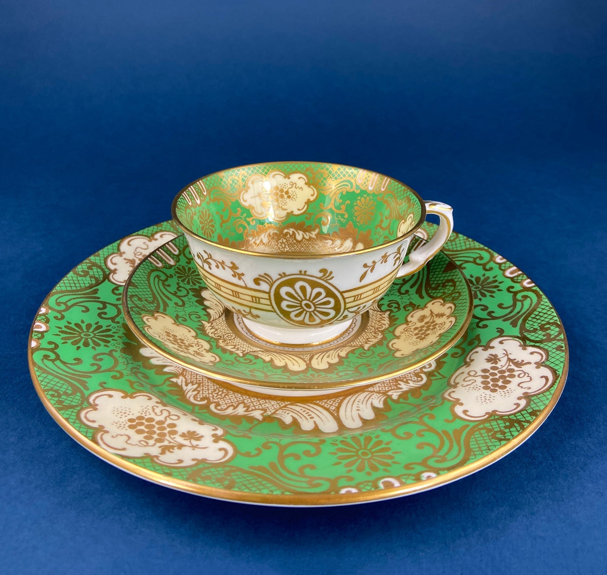 Vintage Staffordshire Tea Trio: Green, Gold, and Pink Porcelain Set - Overture Gifts