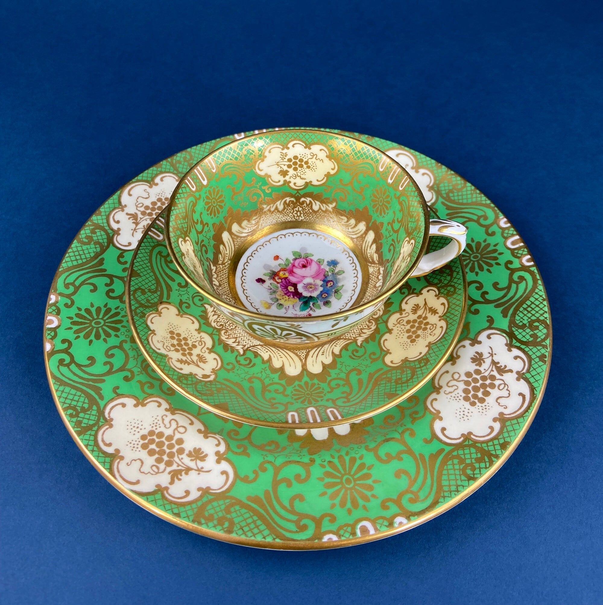 Vintage Staffordshire Tea Trio: Green, Gold, and Pink Porcelain Set - Overture Gifts