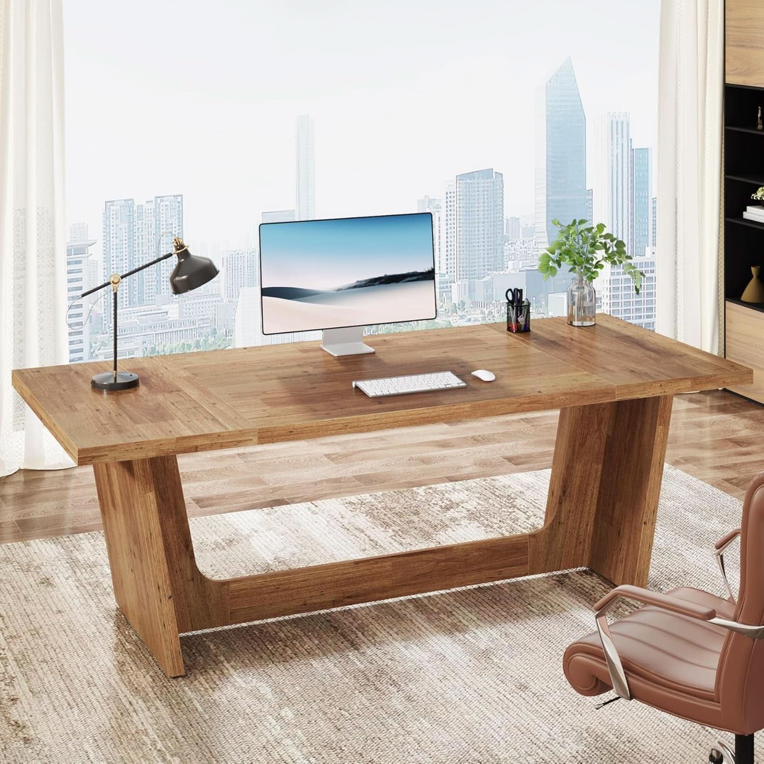 Walnut 70 Inch Executive Desk For Home Office Workspace - Overture Gifts