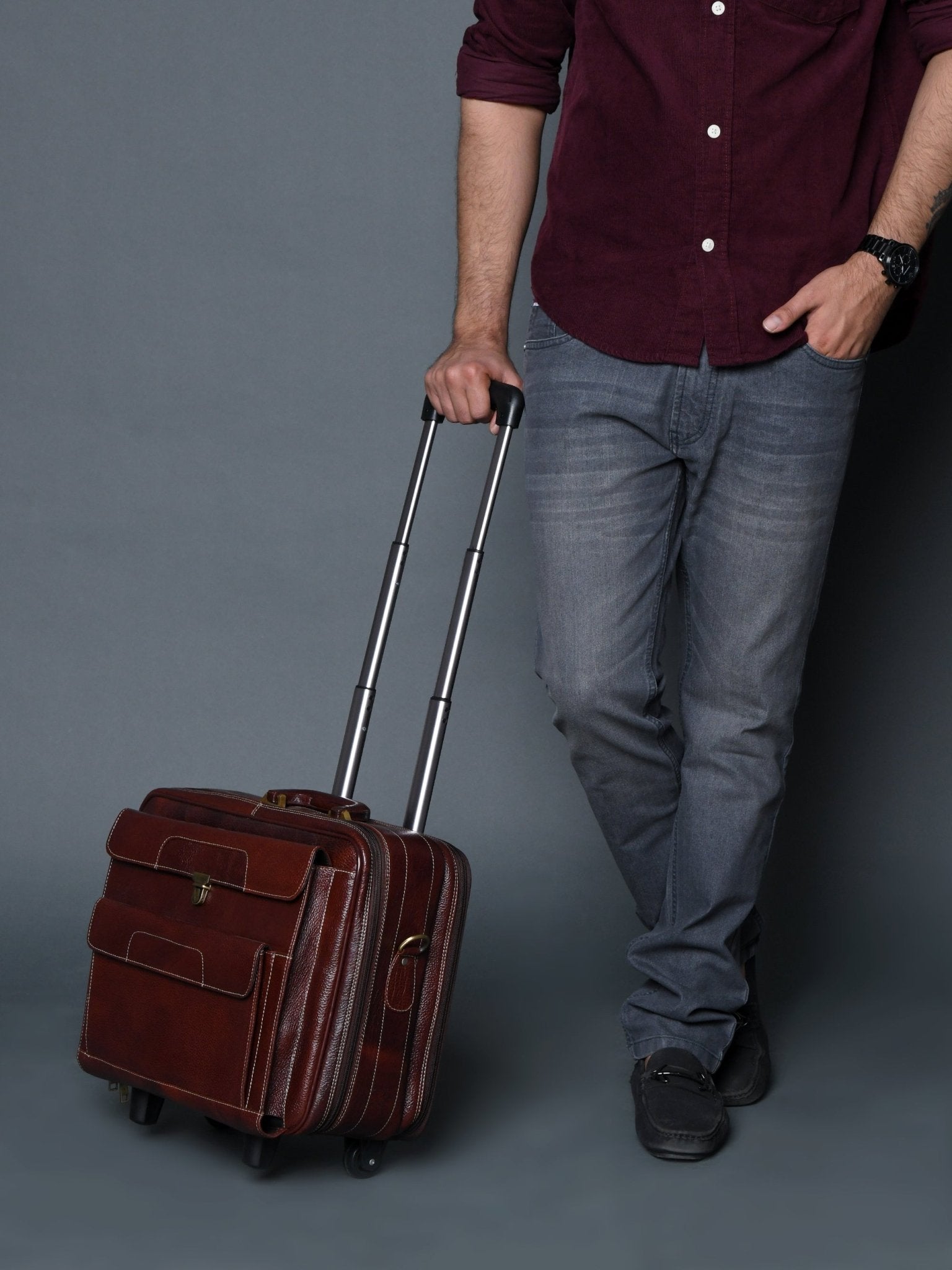 Wanderer Leather Trolly Suitcase Bag - Overture Gifts