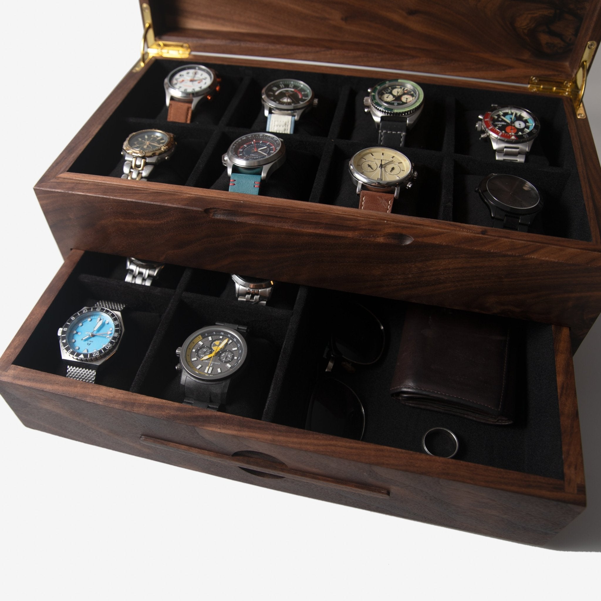Watch Box with Drawer - Solid Black Walnut - 12 to 16 Watch Compartments - Overture Gifts
